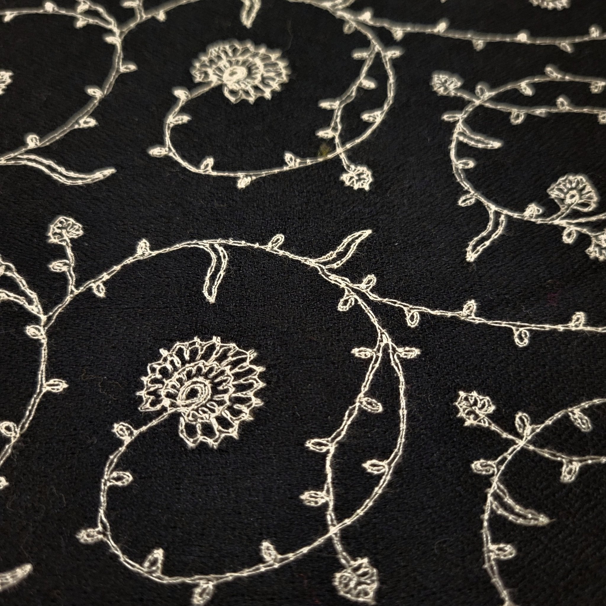 Black pashmina with white floral machine embroidery, 75 x 200 cm