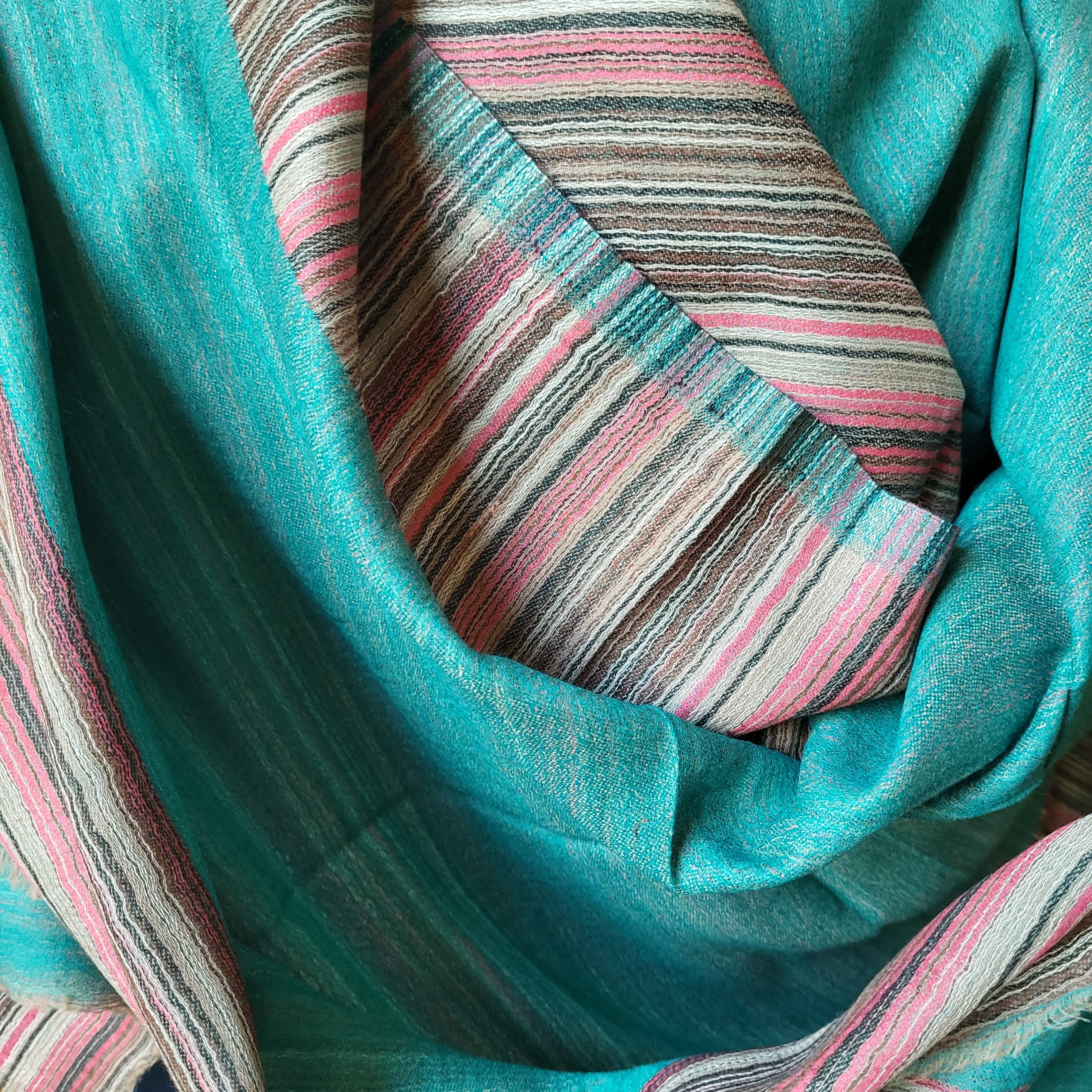 Multi striped pashmina shawl in emerald, silk and pashmina blend, 105 x 210 cm