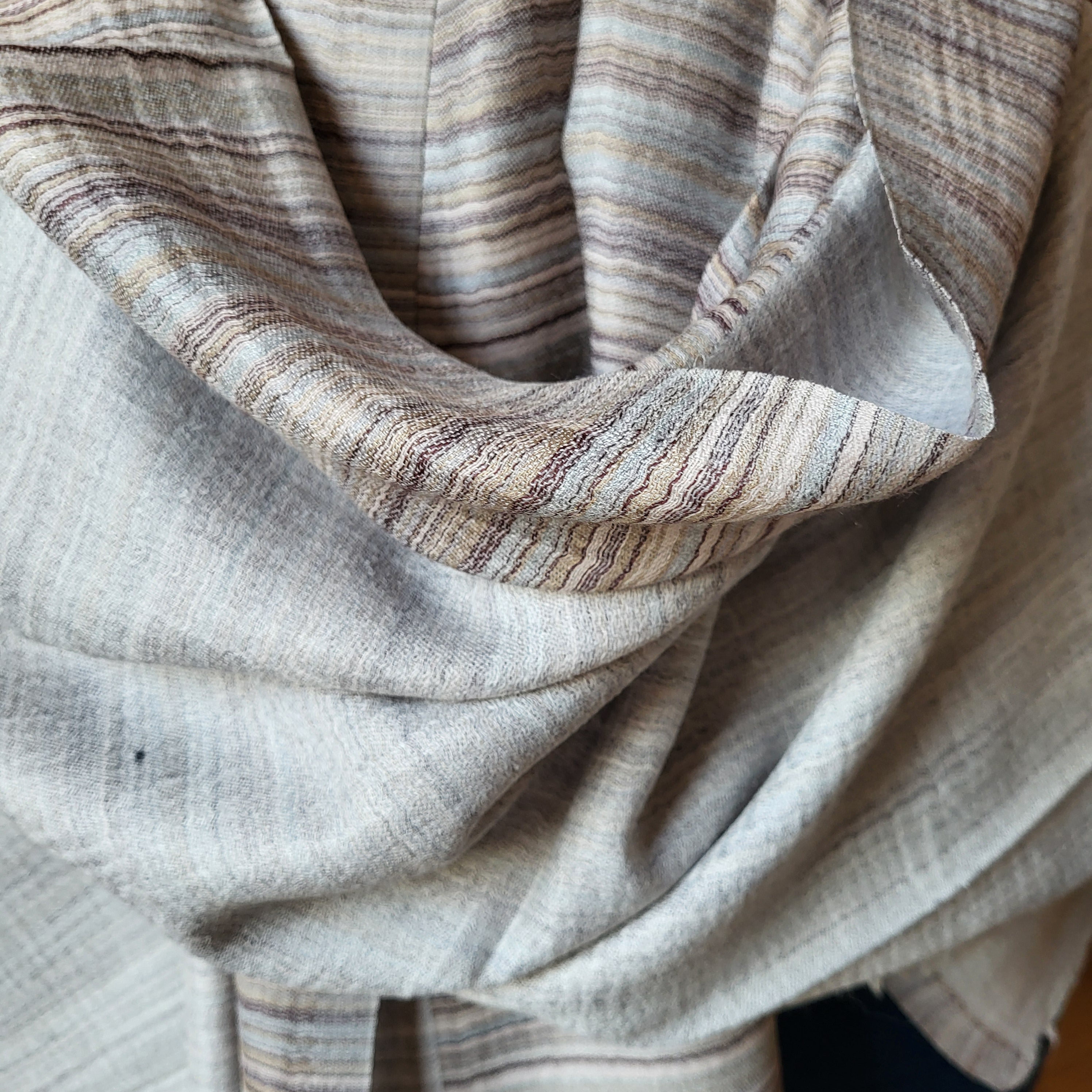 Multi striped pashmina shawl in silver taupe, silk and pashmina blend