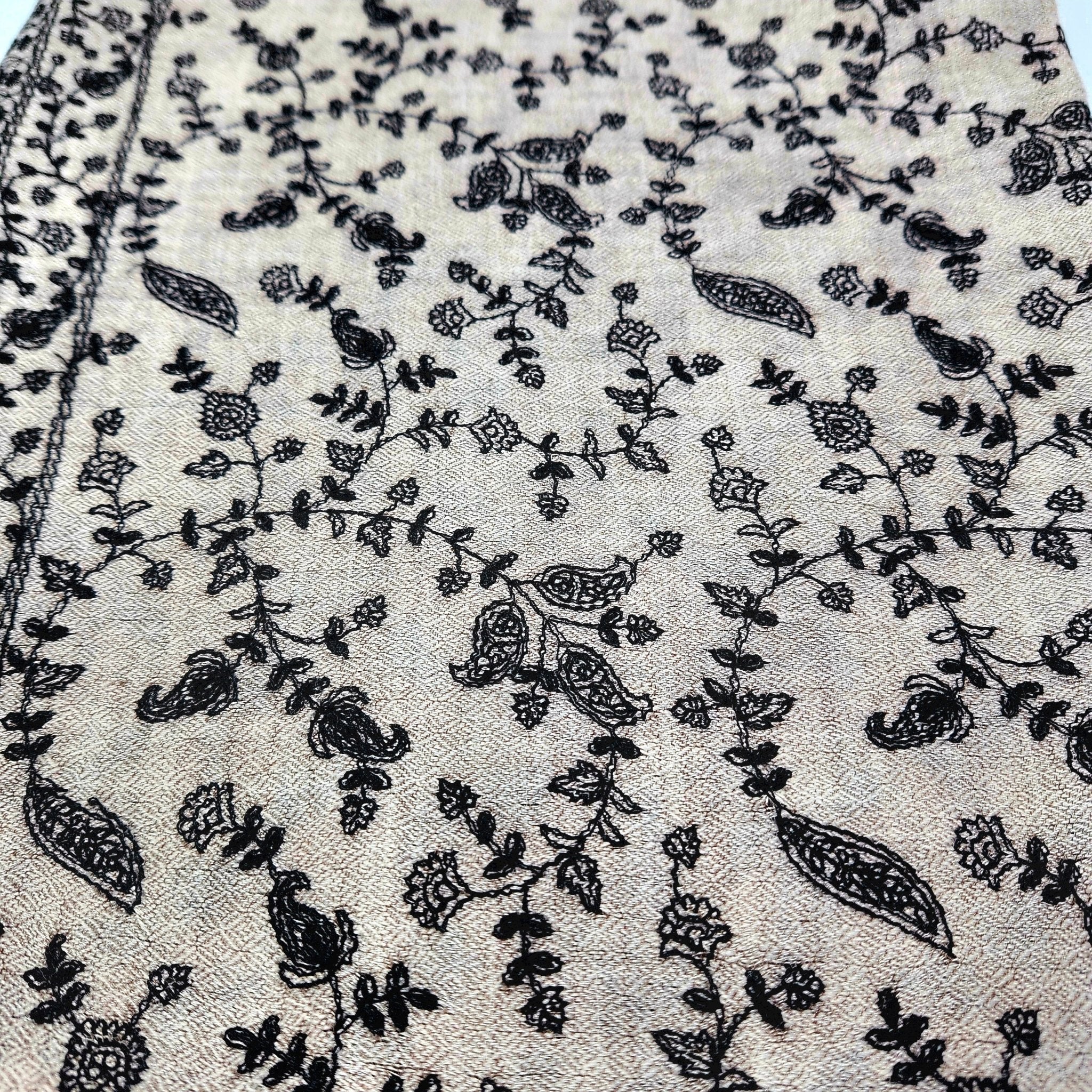 Pashmina with grey floral embroidery on black, 75 x 200 cm