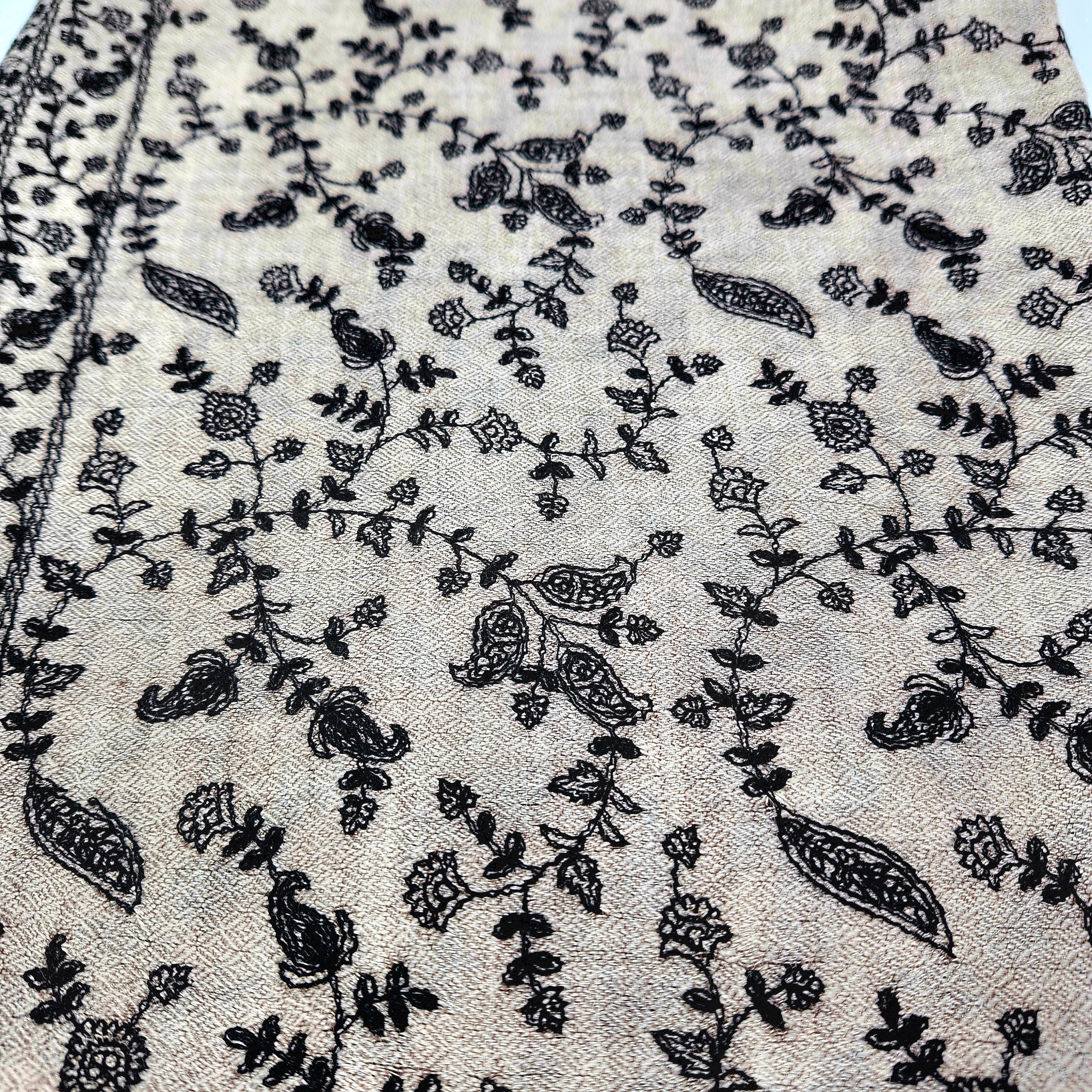 Pashmina with grey floral embroidery on black, 75 x 200 cm