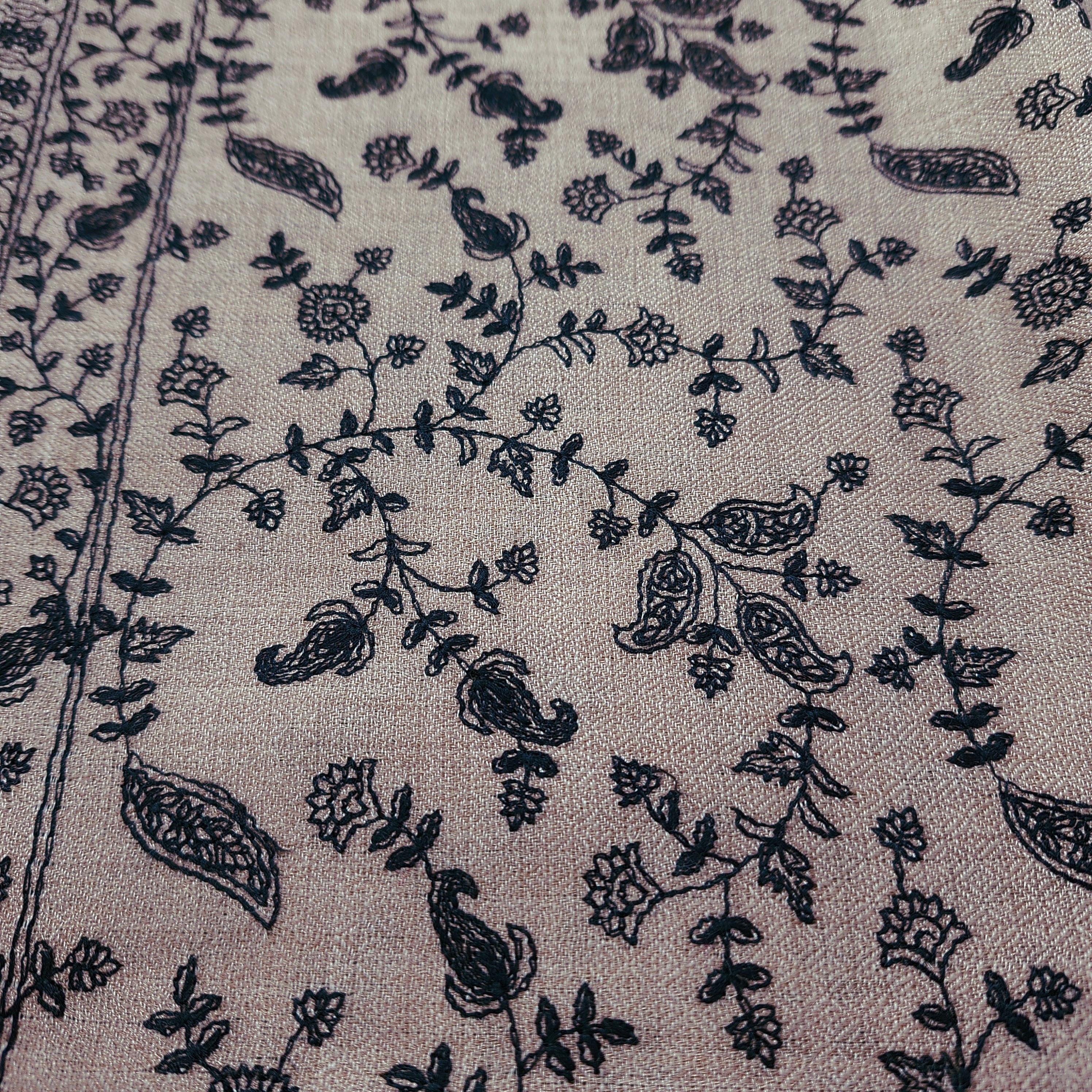 Pashmina with floral embroidery in taupe on black, 100% pashmina