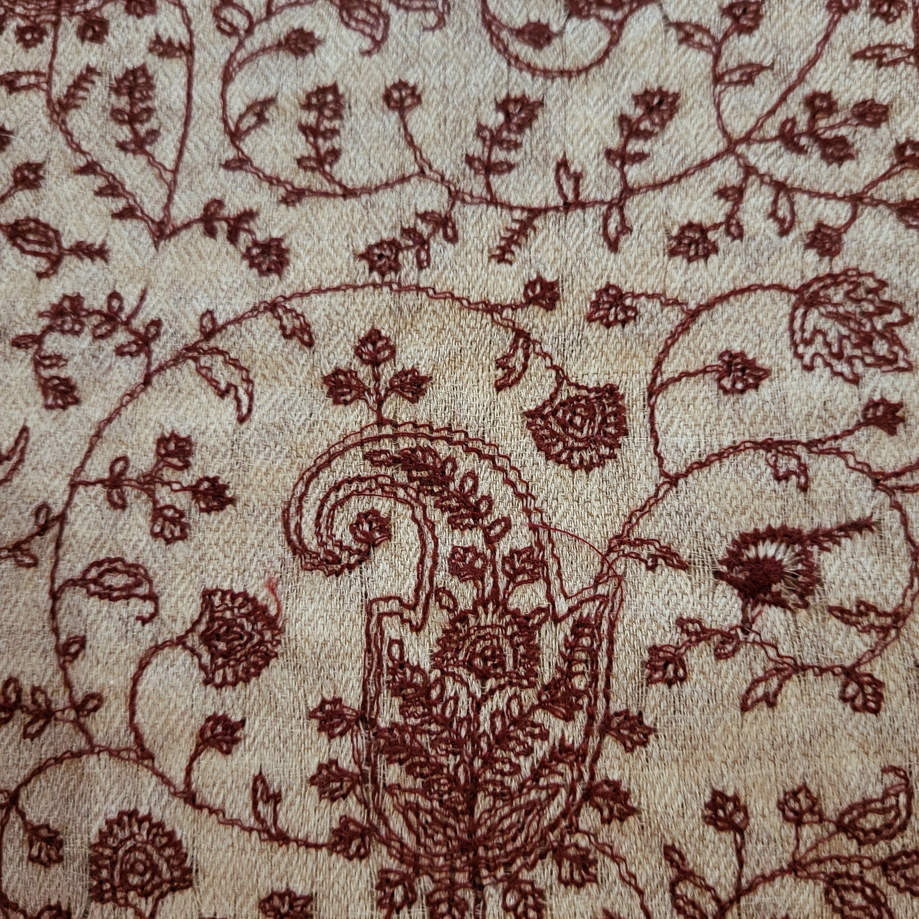 Pashmina with burgundy paisley embroidery on linen, detail view