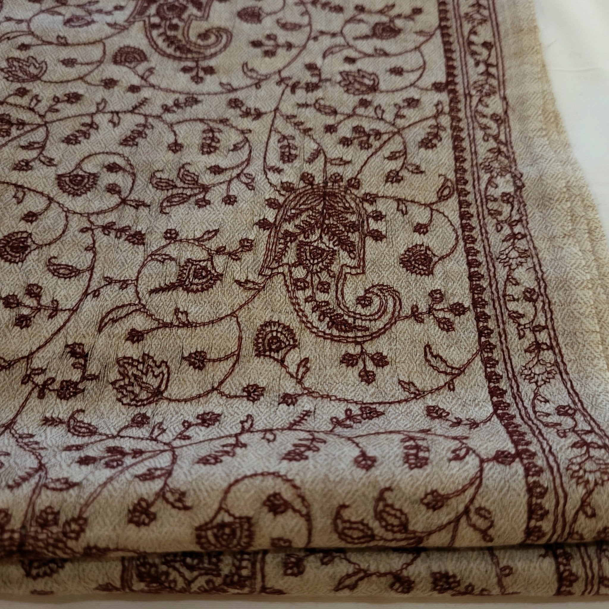 Burgundy paisley embroidery on linen pashmina, 100% pashmina, styled