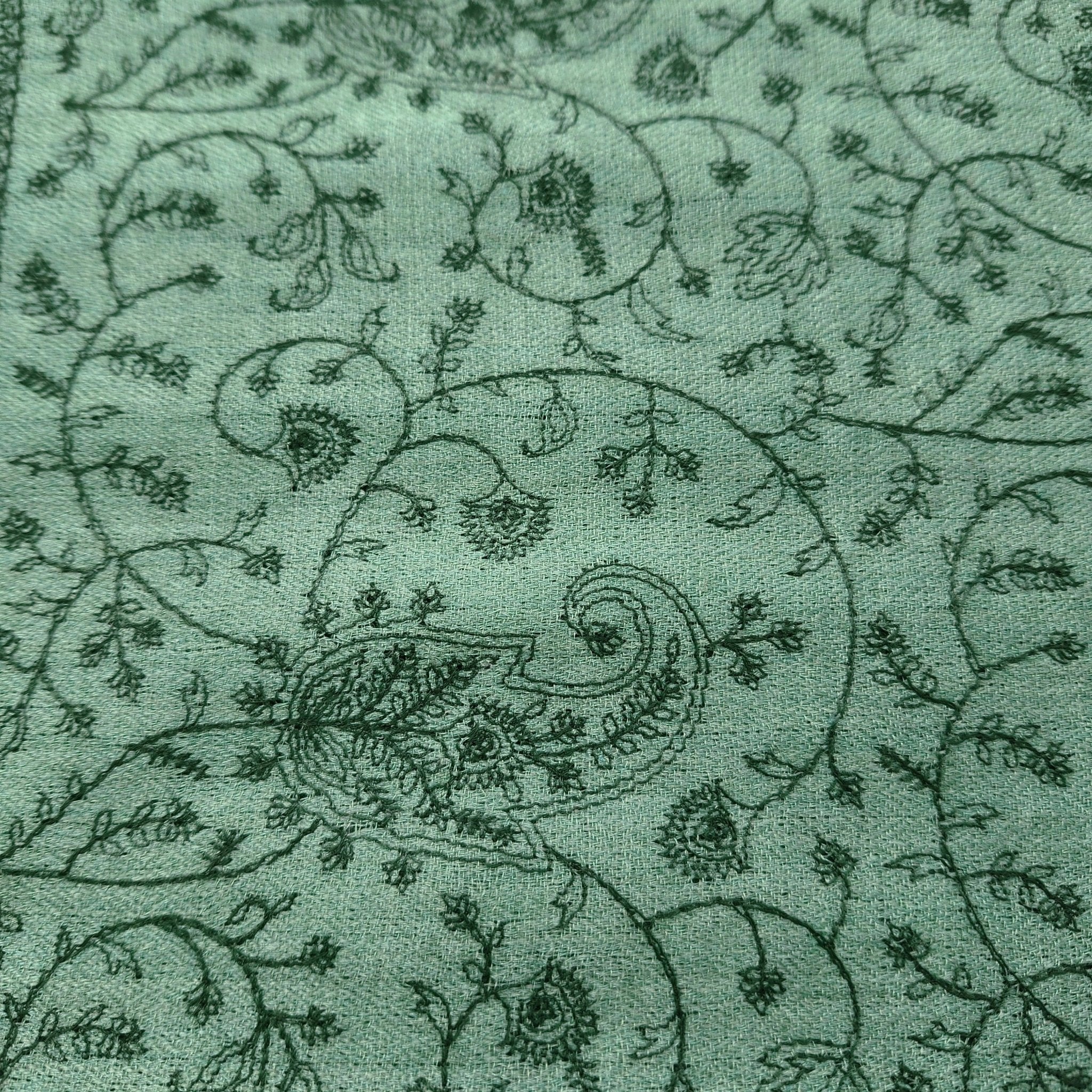 Green machine embroidered paisley pashmina shawl, soft and lightweight with plain borders at either end