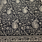 White paisley embroidery on black pashmina, lightweight, detail view