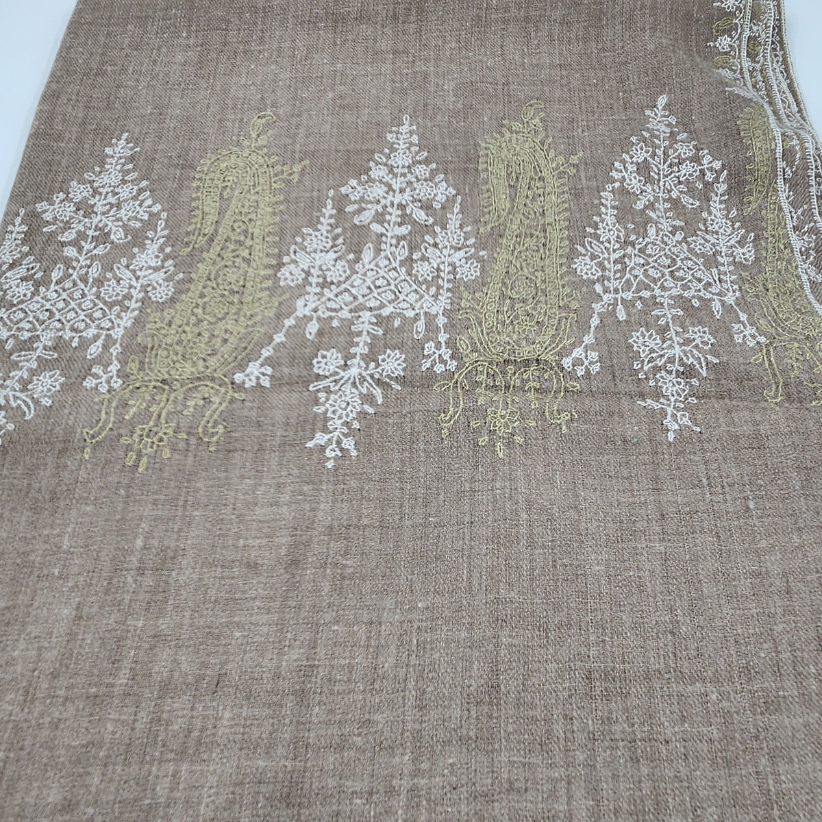 A 100% pashmina shawl in a paisley design, with a border embroidered by hand on all four sides.