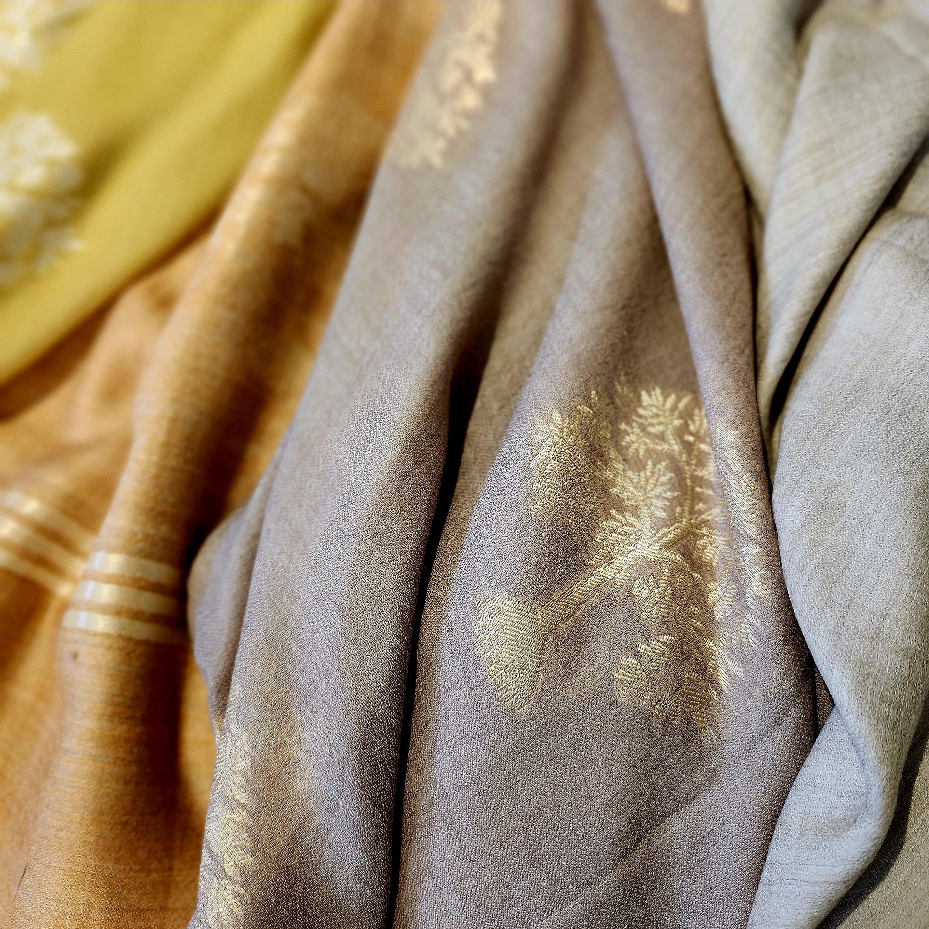 Tree embroidered pashmina group shot showing multiple colourways, 107 x 210 cm, 100% pure pashmina