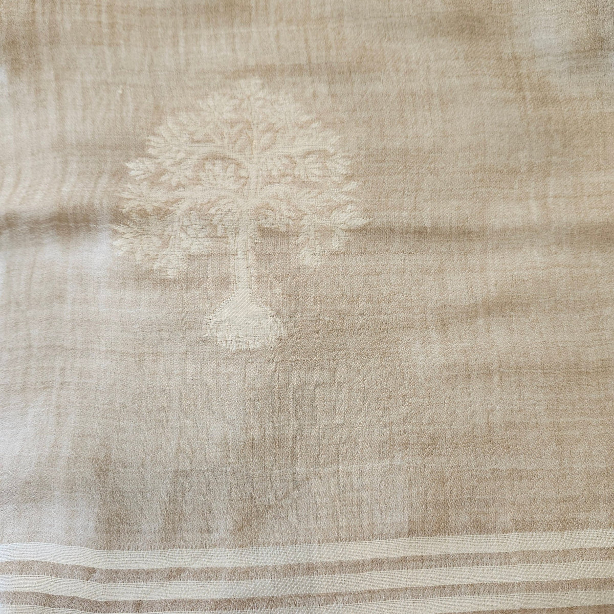 Beige pashmina shawl embroidered with a tree motif in white thread, 107 by 210 cm, 100% pure pashmina
