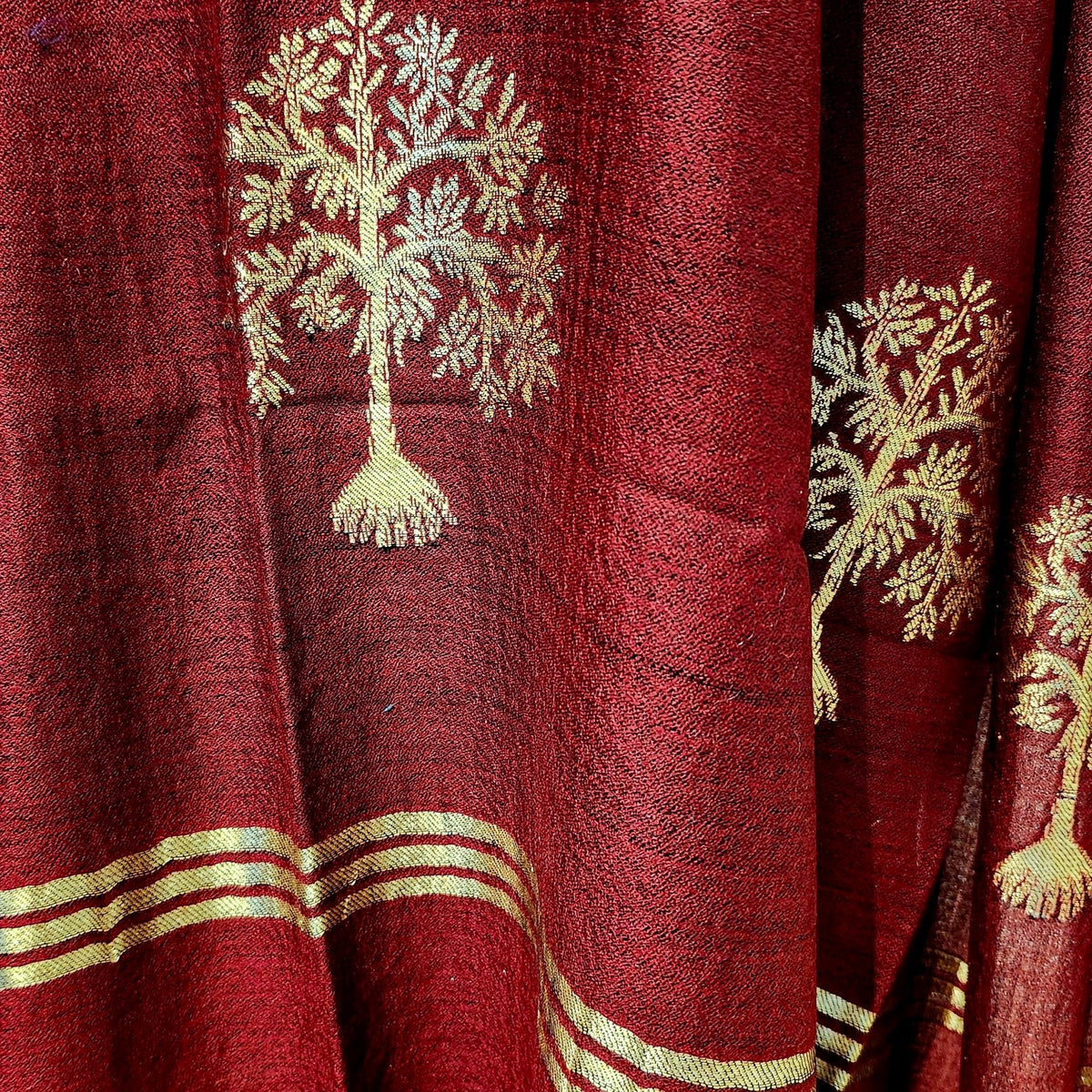 Red tree embroidered pashmina worked in gold contrast thread, 107 by 210 cm, soft, luxurious and lightweight