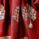 Red pashmina shawl with a tree motif embroidered in silver thread, 100% pure pashmina, 107 by 210 cm