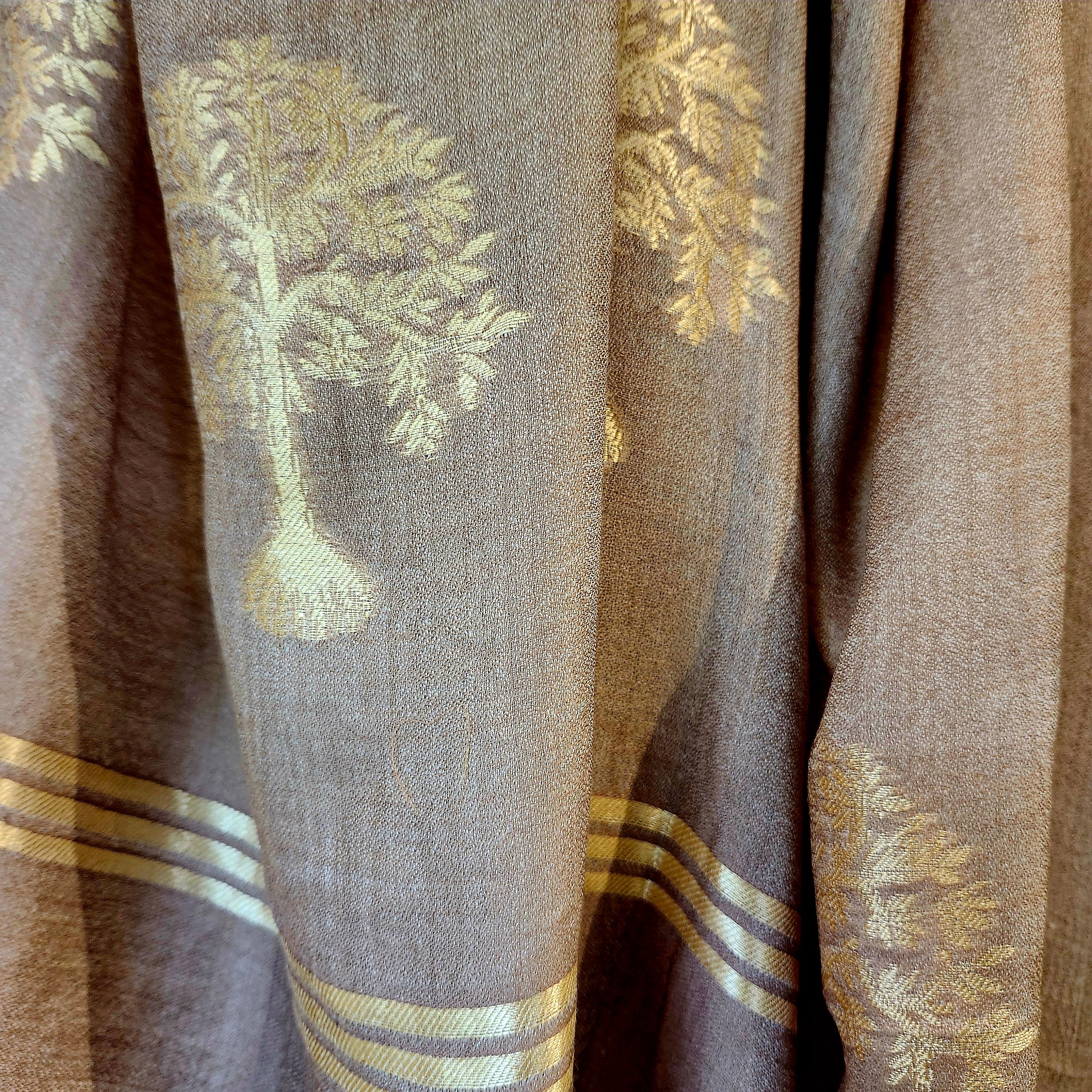 Tree embroidered pashmina in taupe with gold thread, 107 x 210 cm, 100% pure pashmina