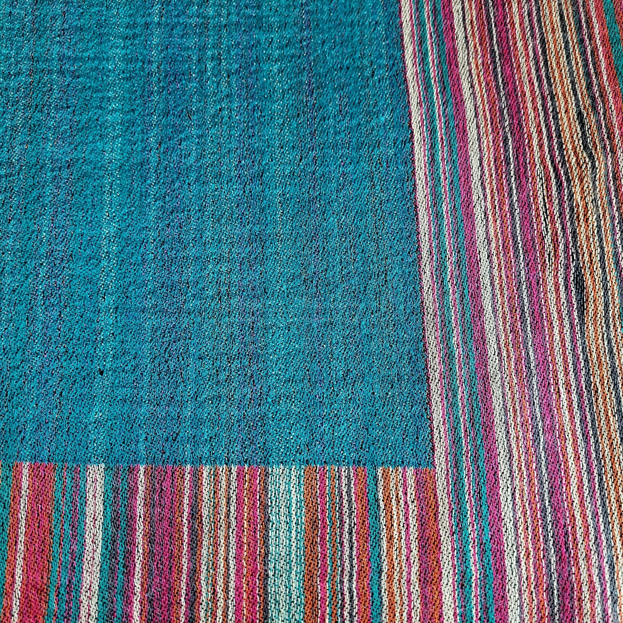 Multi striped pashmina shawl in turquoise, silk and pashmina, lightweight