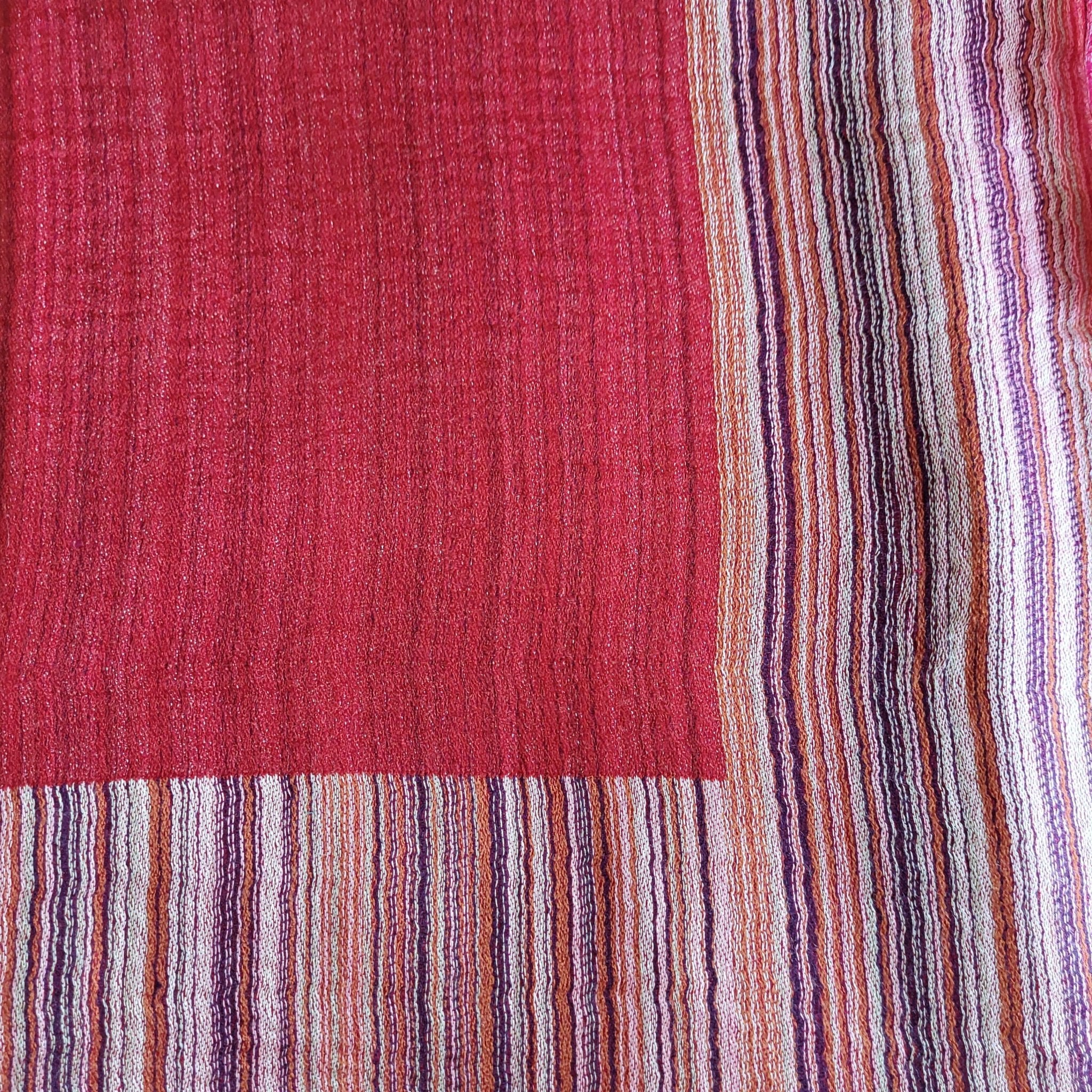 Multi striped pashmina shawl in crimson, silk and pashmina blend