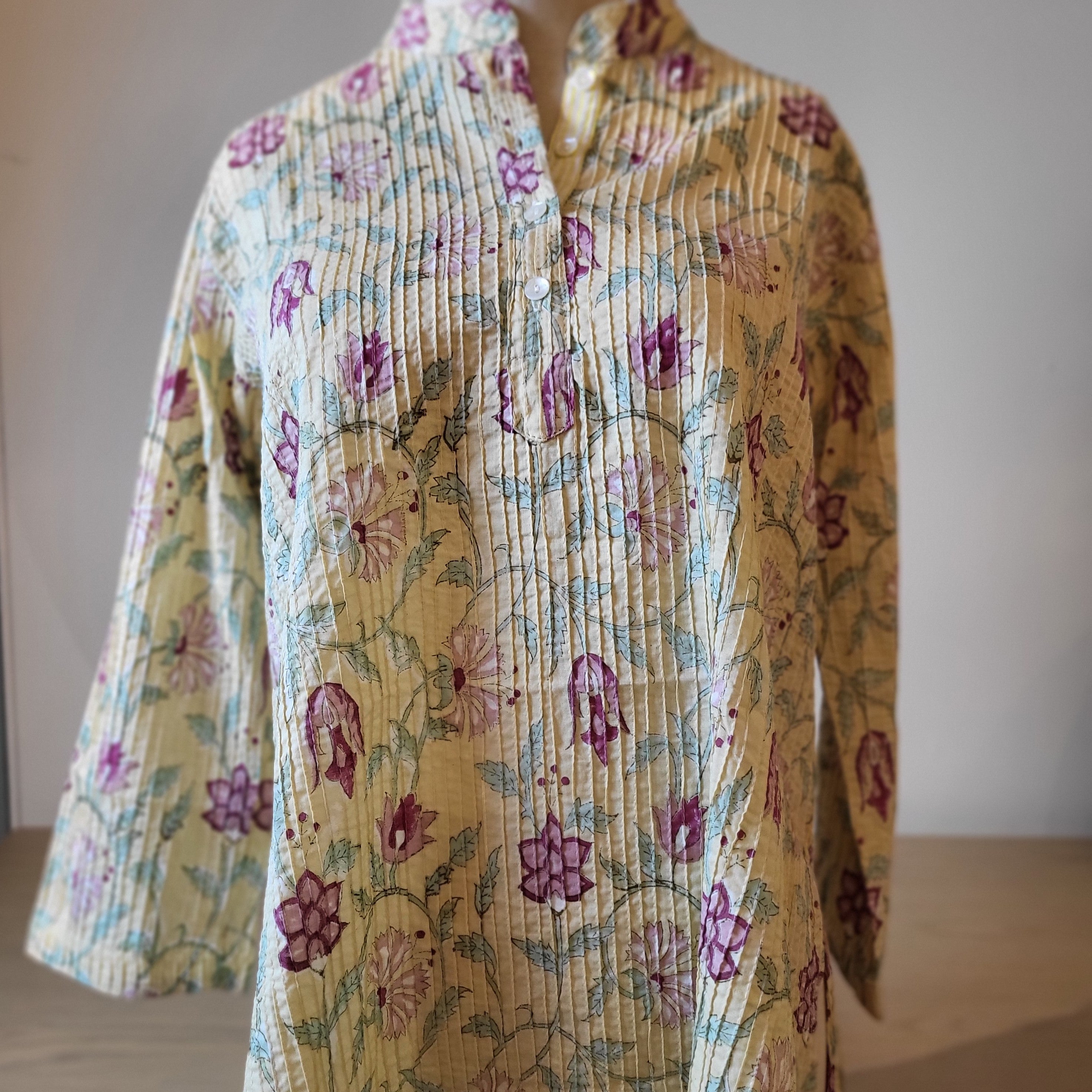 Block-print pleated cotton shirt, assorted colours