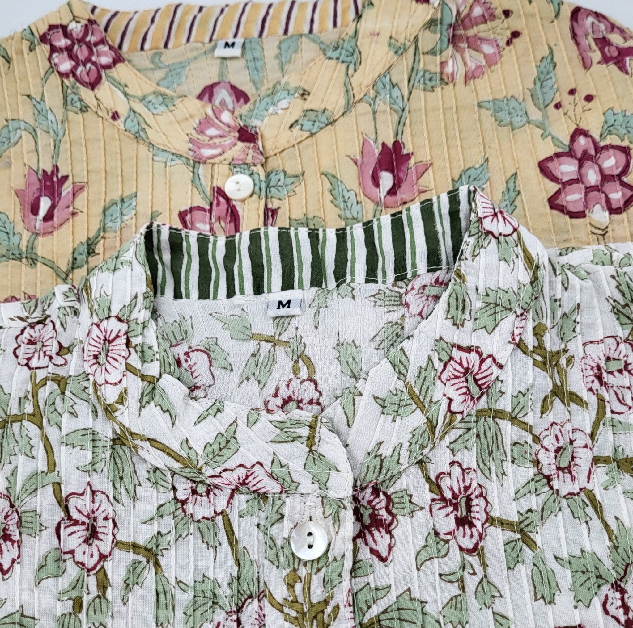 Pleated block-print cotton shirt with mother-of-pearl buttons
