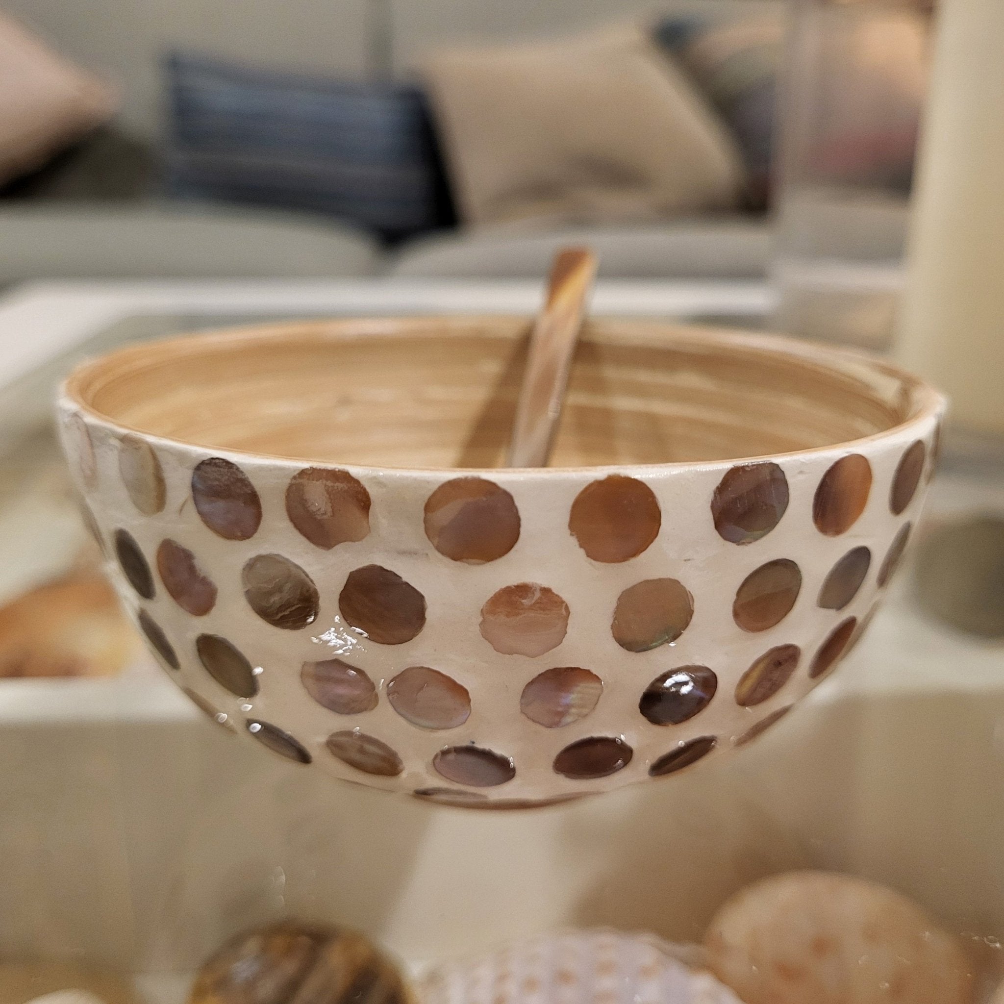 Mother of pearl dip bowl, polka dot pattern on bamboo, 10 cm diameter