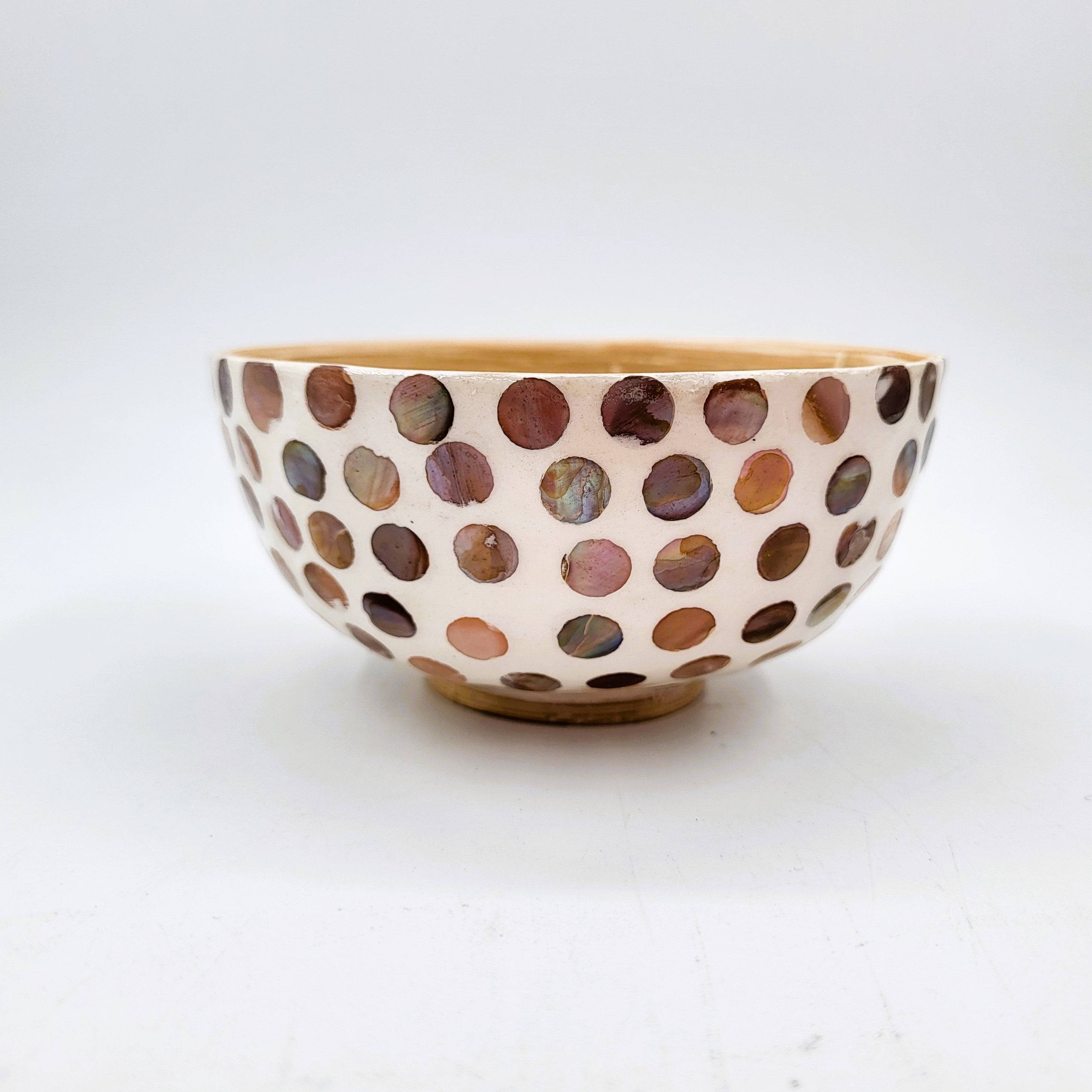 Polka dot mother of pearl dip bowl, bamboo, detail view
