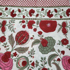 Pomegranate block-print tablecloth in red with sage leaves on white