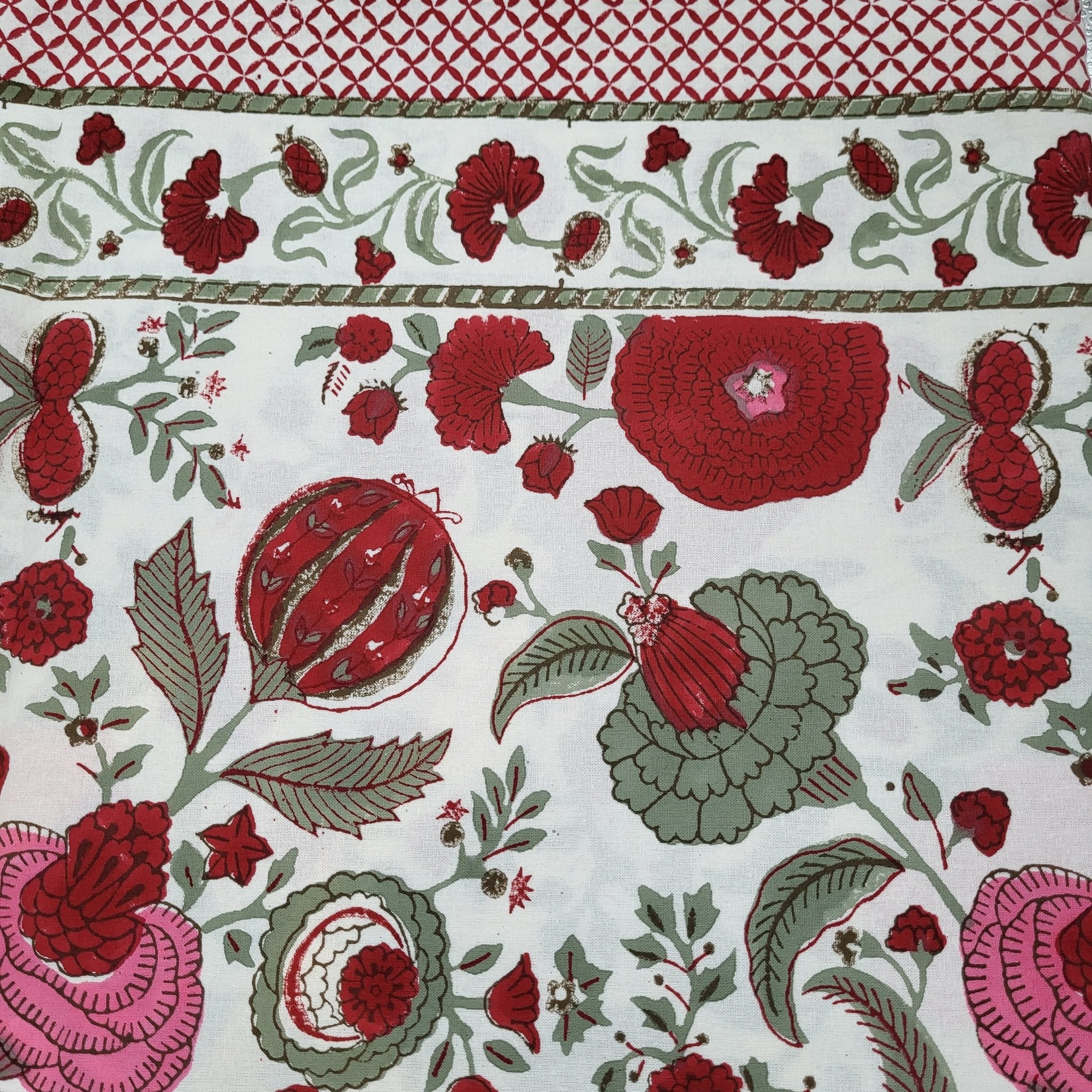 Pomegranate block-print tablecloth in red with sage leaves on white
