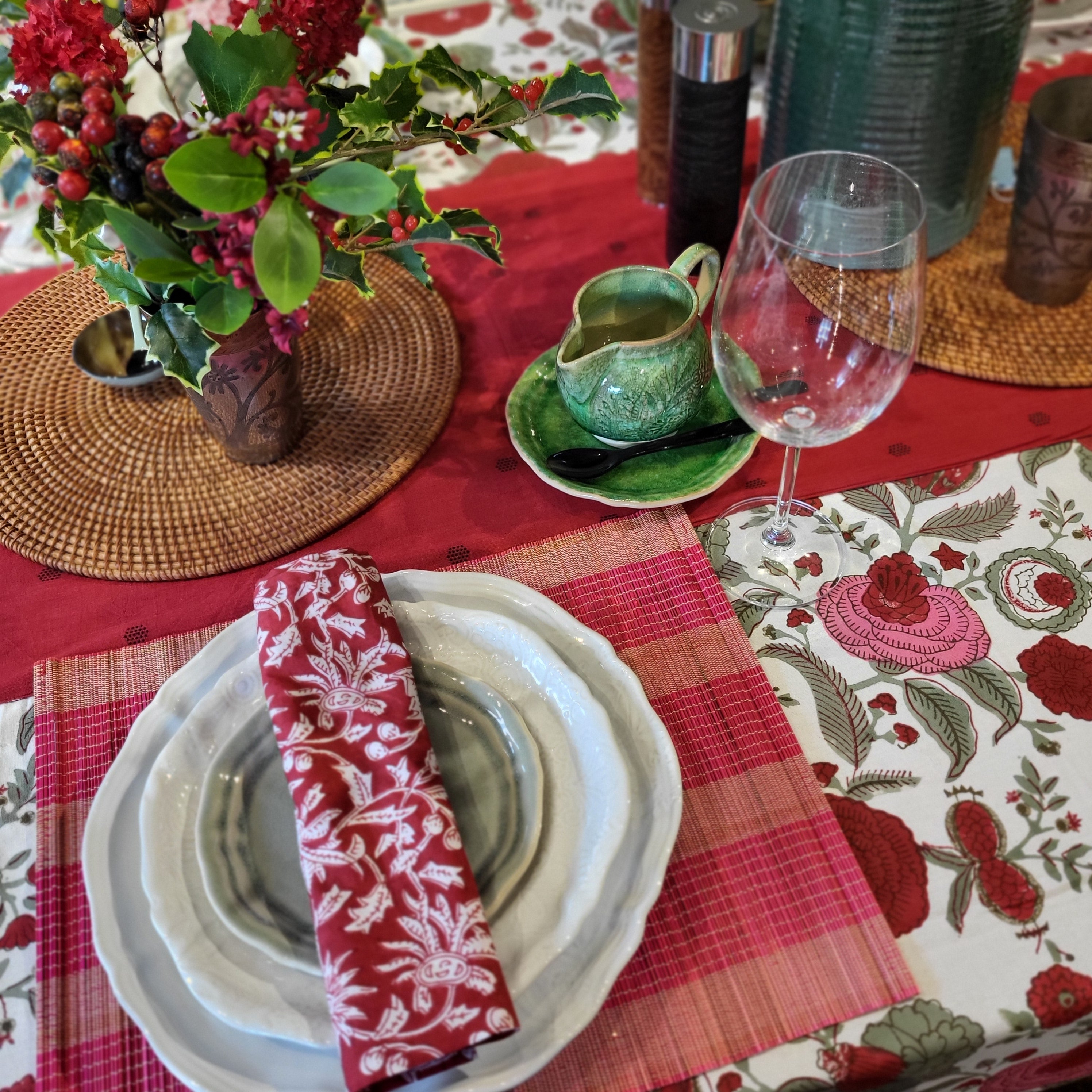 Pomegranate tree block-print tablecloth in red