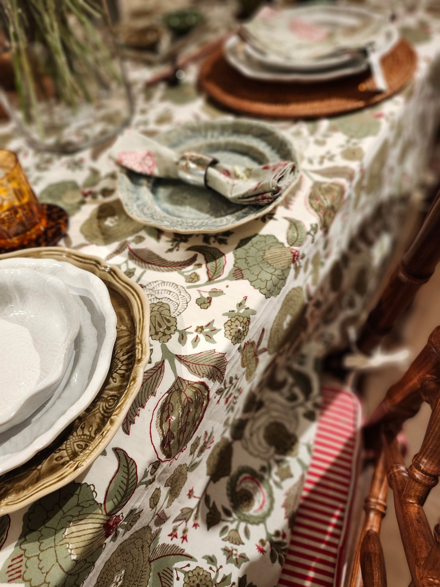 Pomegranate block-print tablecloth in olive green