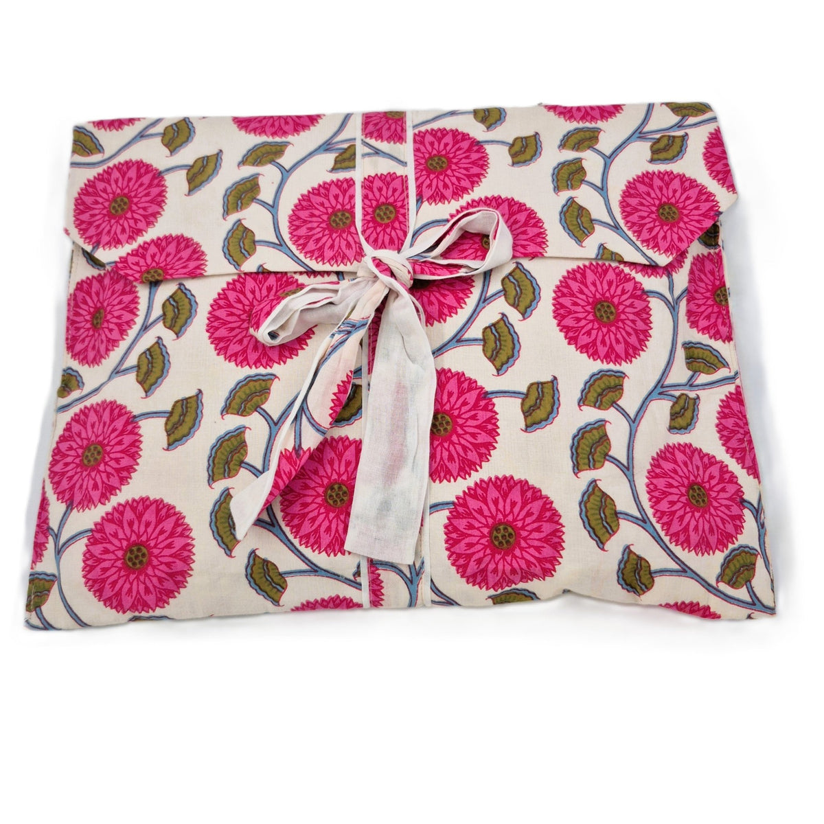 Long cotton cambric pyjamas block printed with poppies in pink, with plain buttons and contrast trim.
