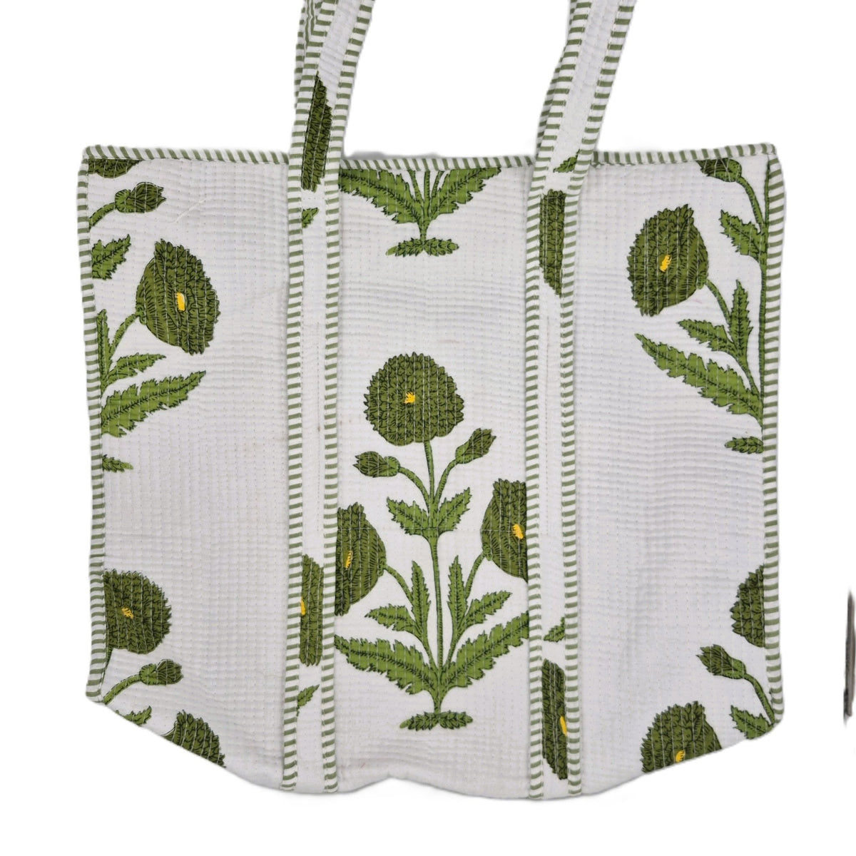 Olive quilted cotton shopper bag with a large block printed poppy on one side, striped lining and zip, 40cm by 35cm