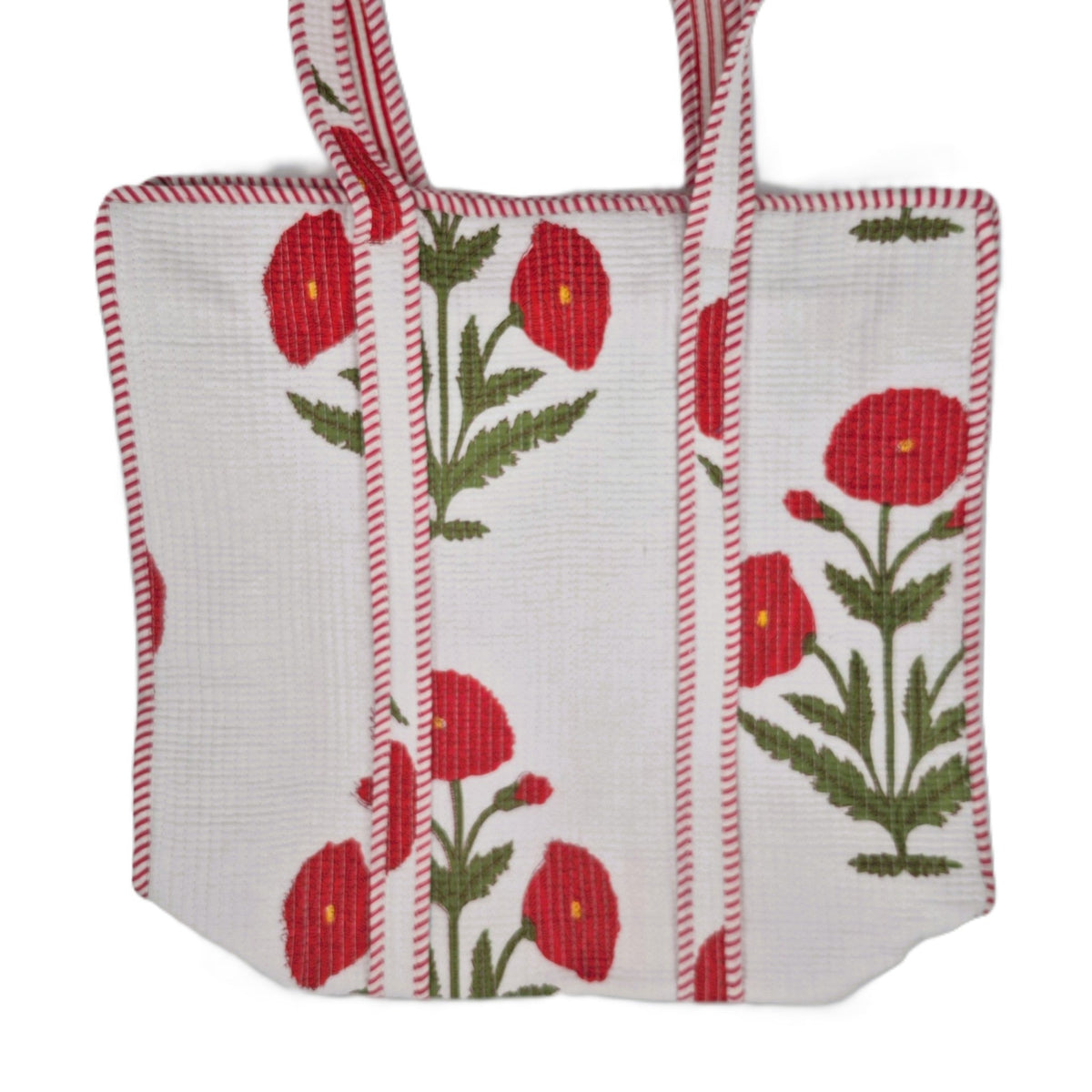Red Poppy Plain shopper bag in quilted block print cotton, a geometric botanical pattern on the reverse and two inner pockets