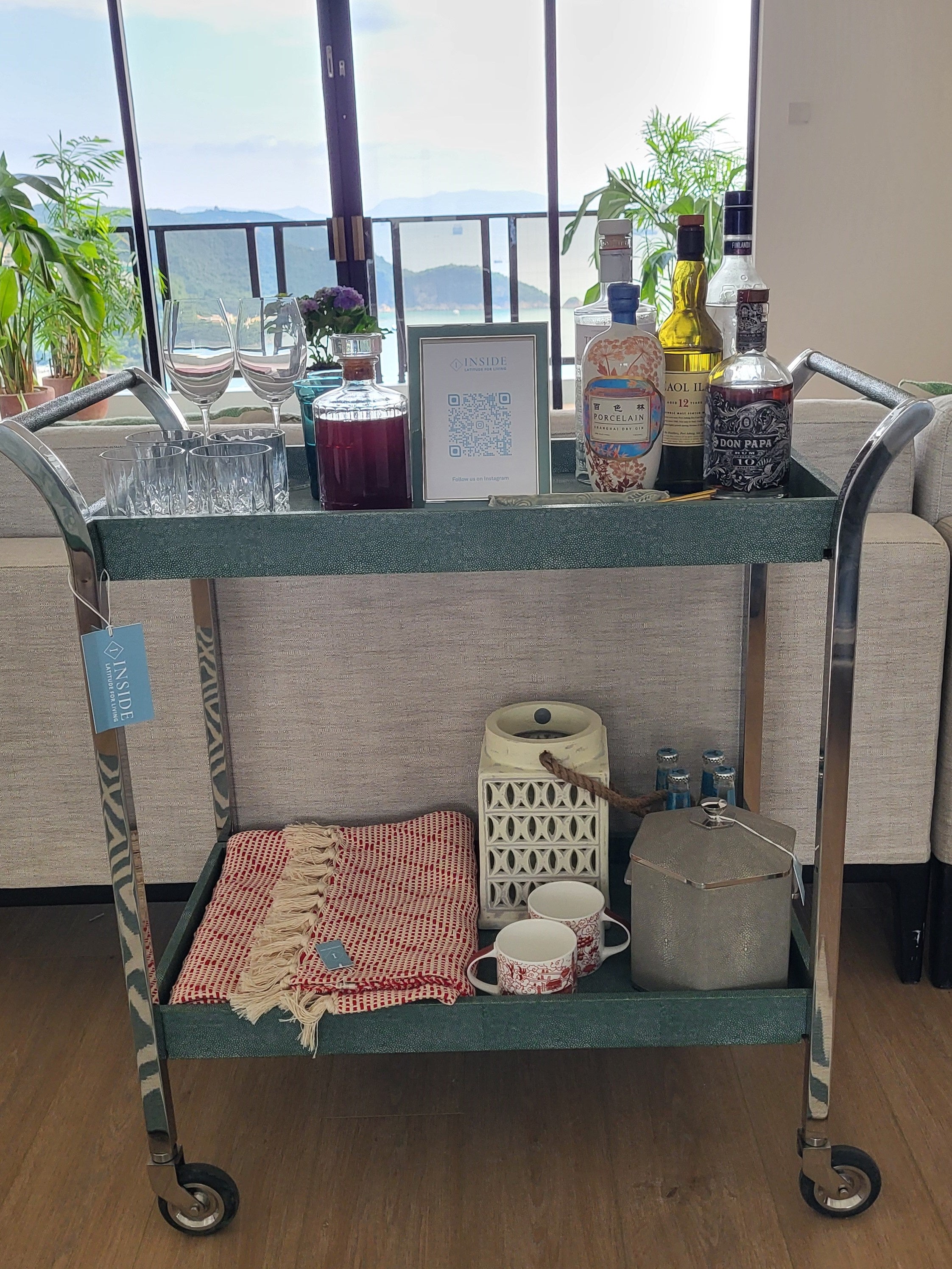 Woodstock drinks trolley in Lincoln green faux shagreen, 87 x 45 x 90 cm, with arc handles, Forwood Design