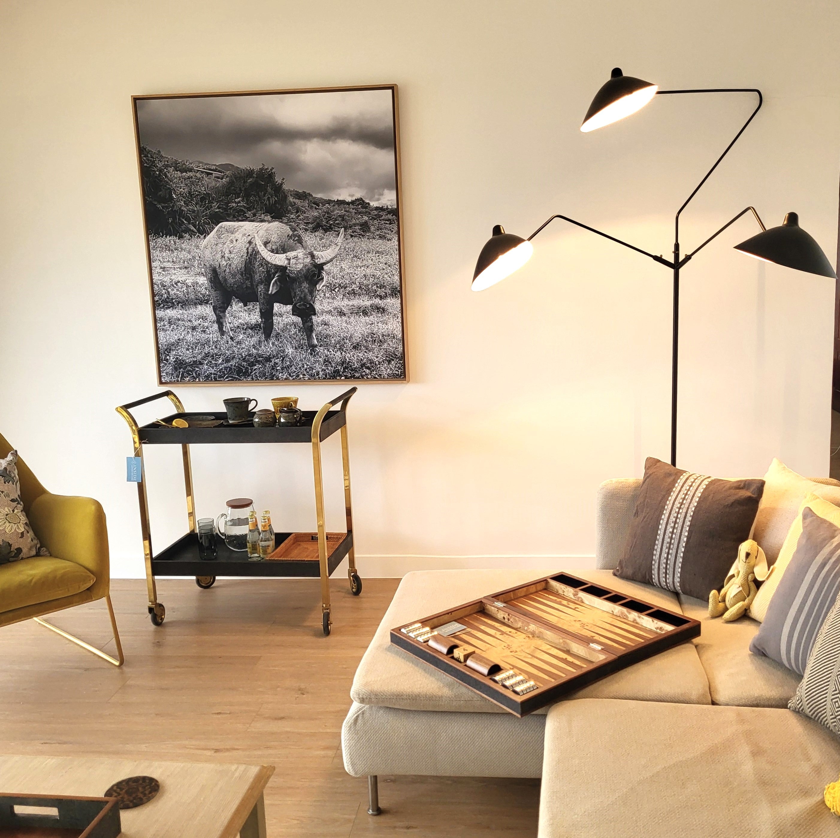 Woodstock drinks trolley in seal brown faux shagreen, styled in a living room setting