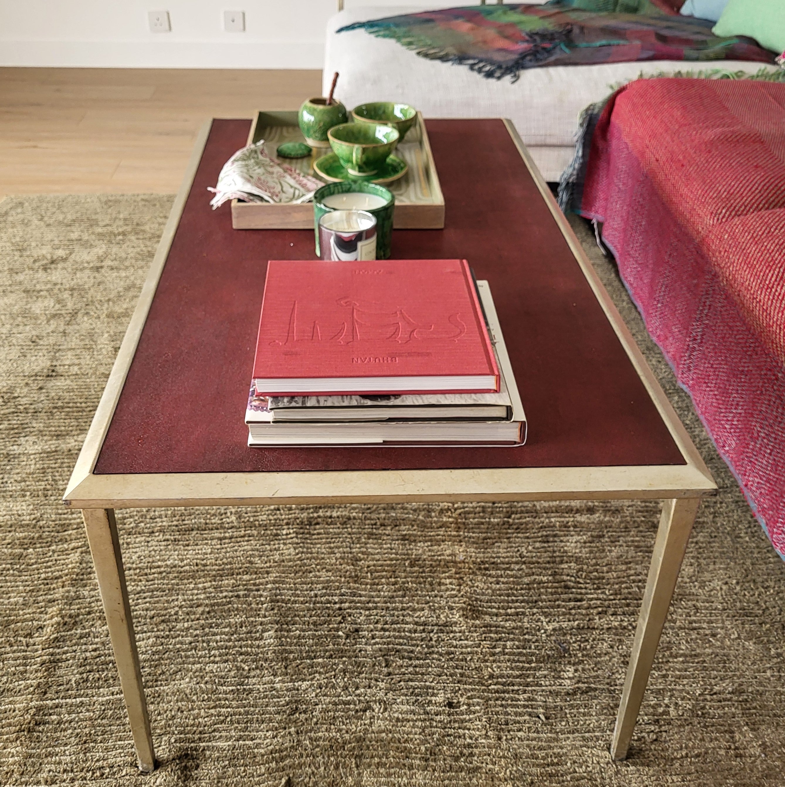Red faux shagreen side table set with matching table, powder coated steel legs