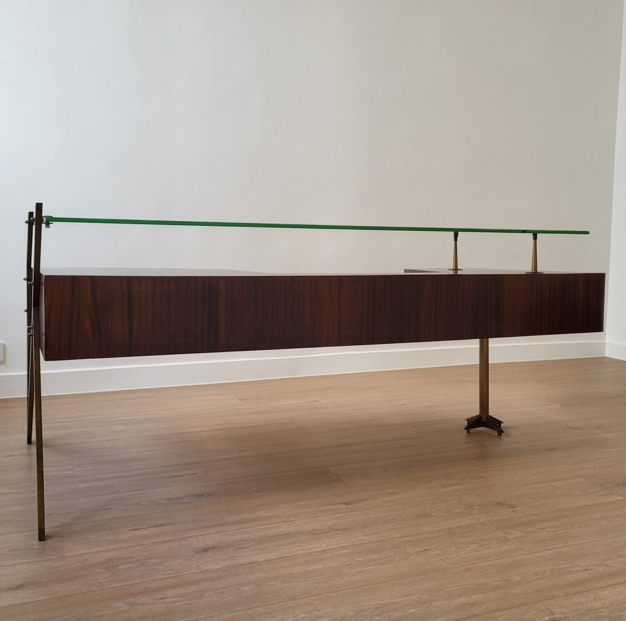 Mid-century Italian desk, floating glass top, brass frame, wooden pedestal