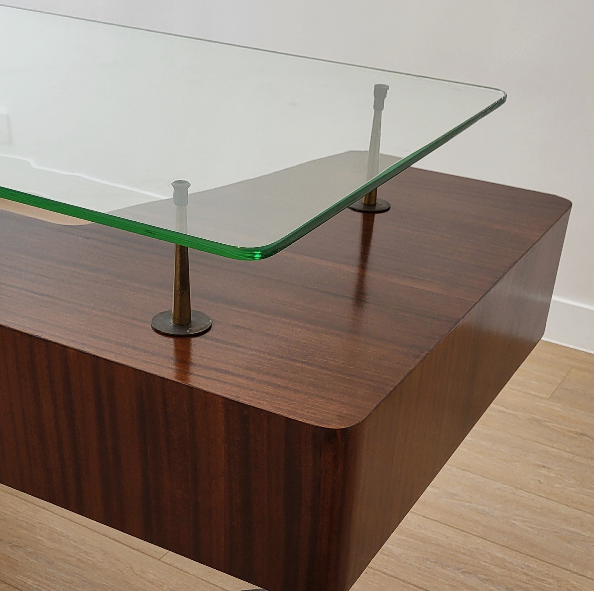 Mid-century glass-top executive desk, wooden pedestal, detail view