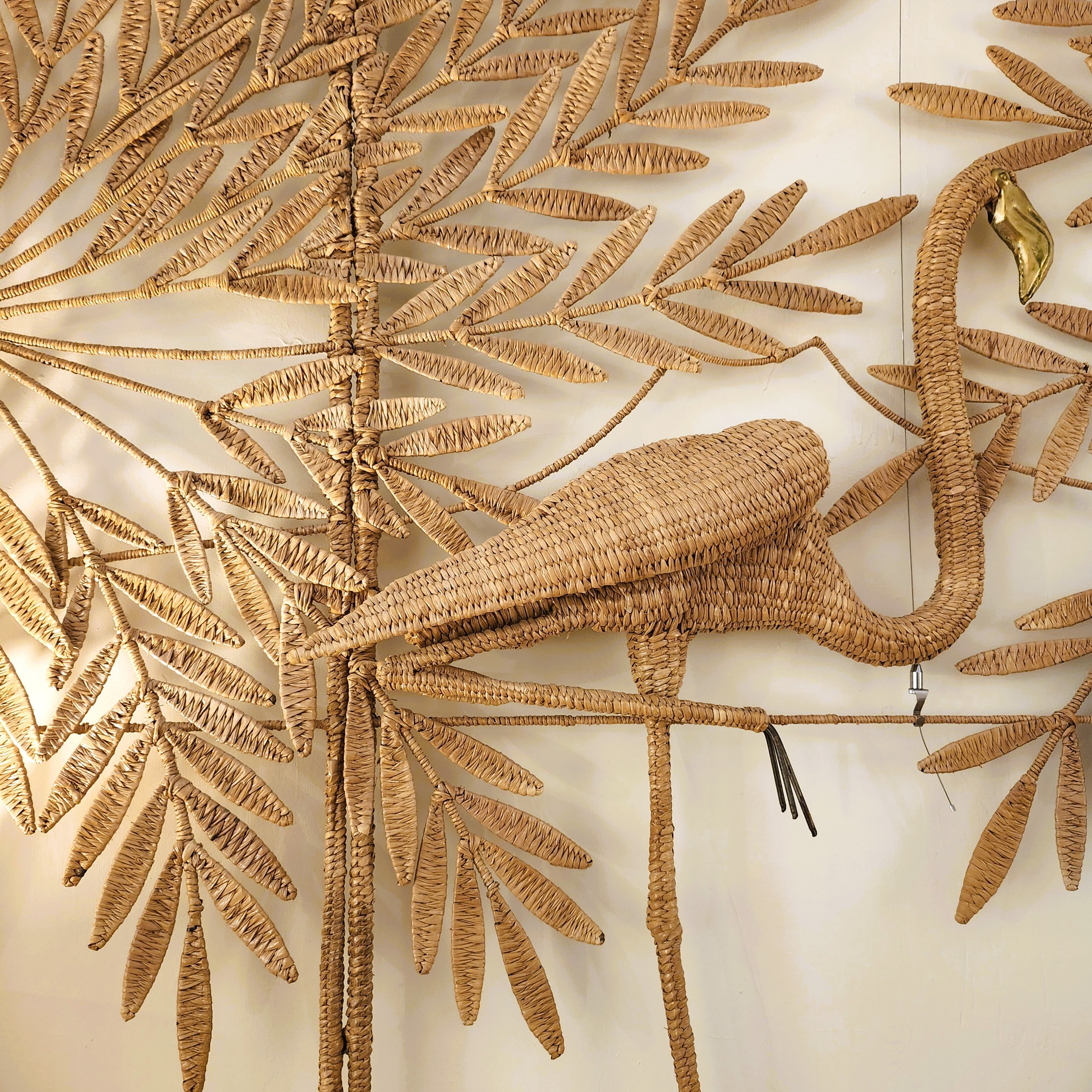 Three-piece rattan and brass flamingo screen by Maria Lopez Torres, decorative wall piece