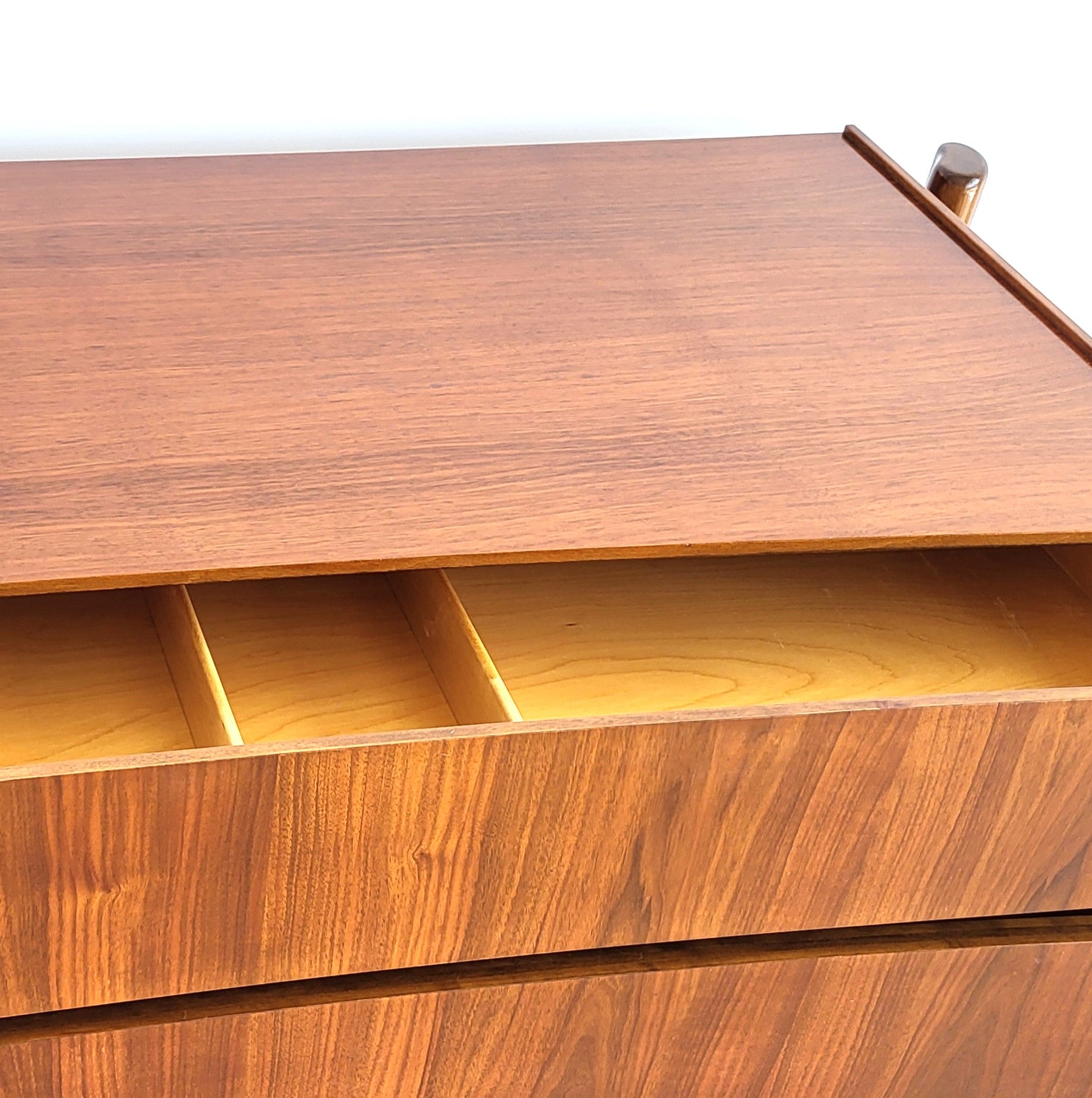Swedish mid-century dresser, drawer detail with aligned wood grain
