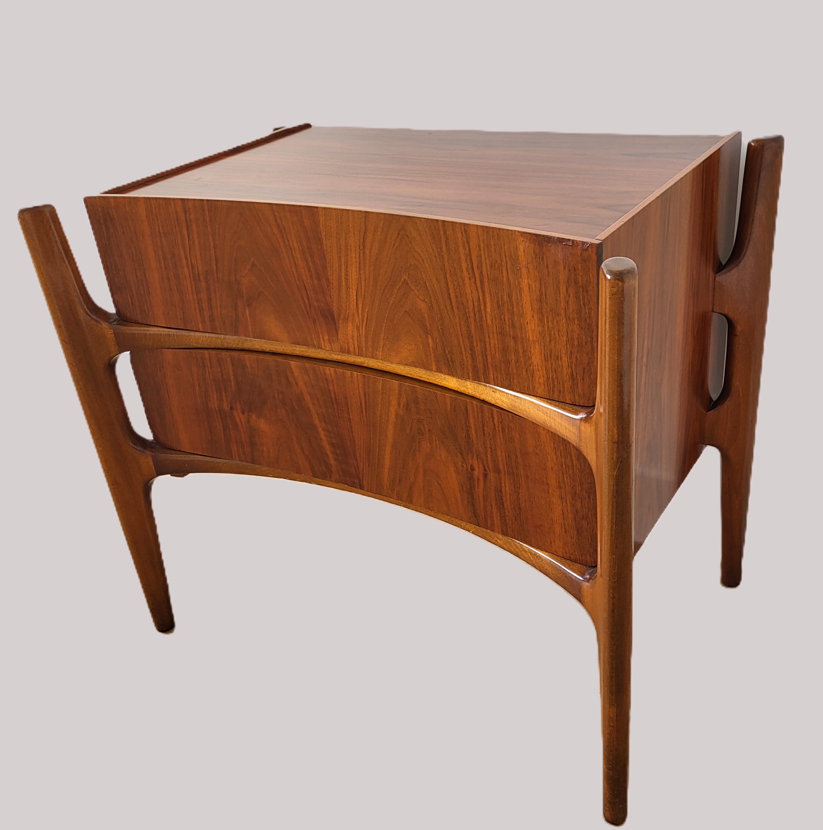 Swedish mid-century walnut and beech nightstand by William Hinn, two drawers