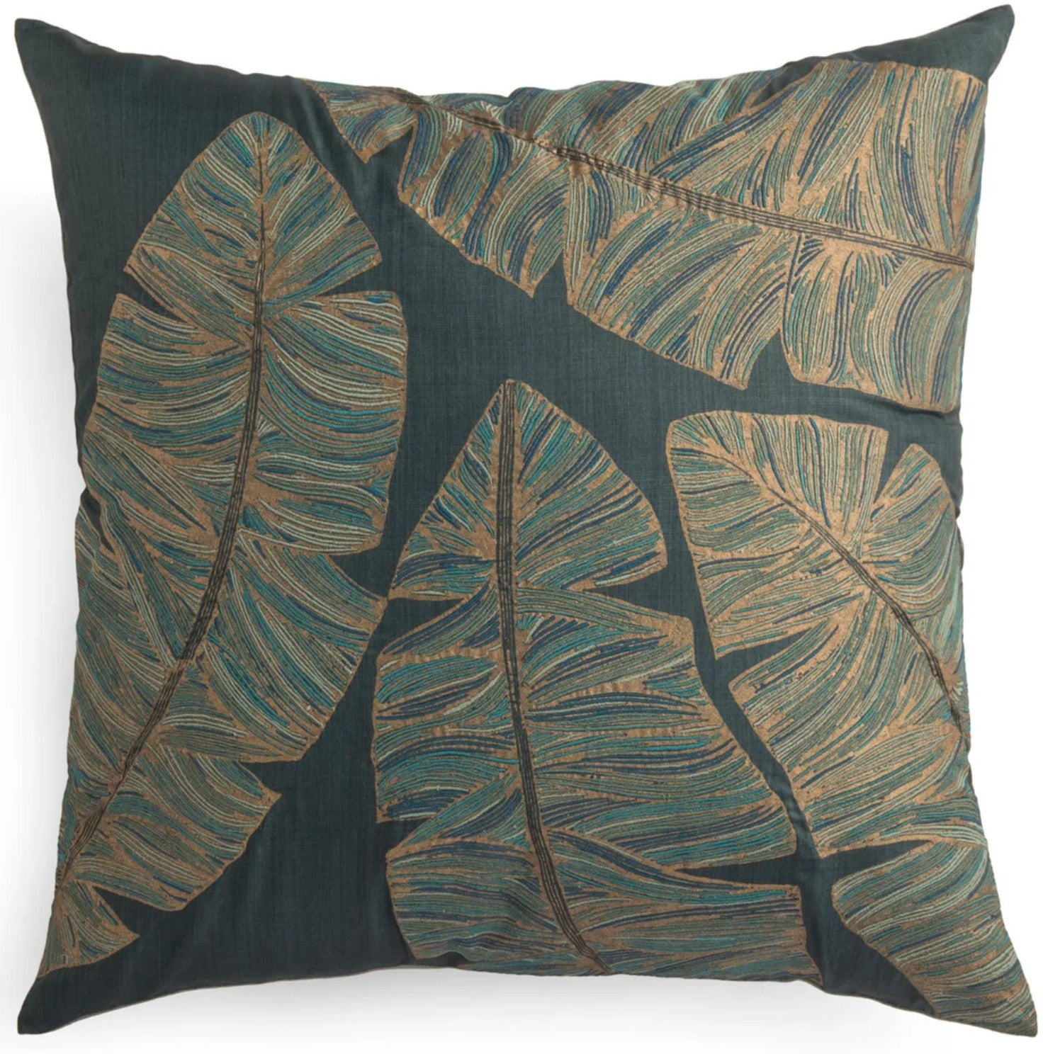 Banana Leaf embroidered cushion by Rasa Jaipur, 45 x 45 cm, silk front with linen back