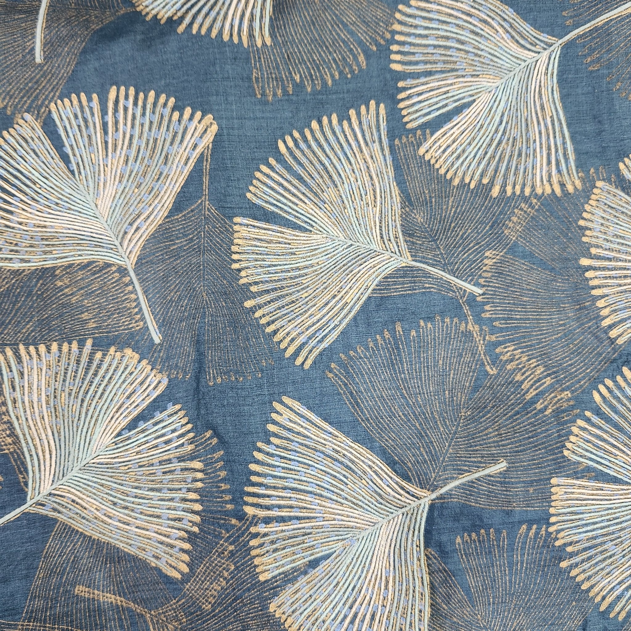 Ginkgo Leaf embroidered silk cushion in blue with teal, grey and gold embroidery, 45 x 45 cm, Rasa Jaipur