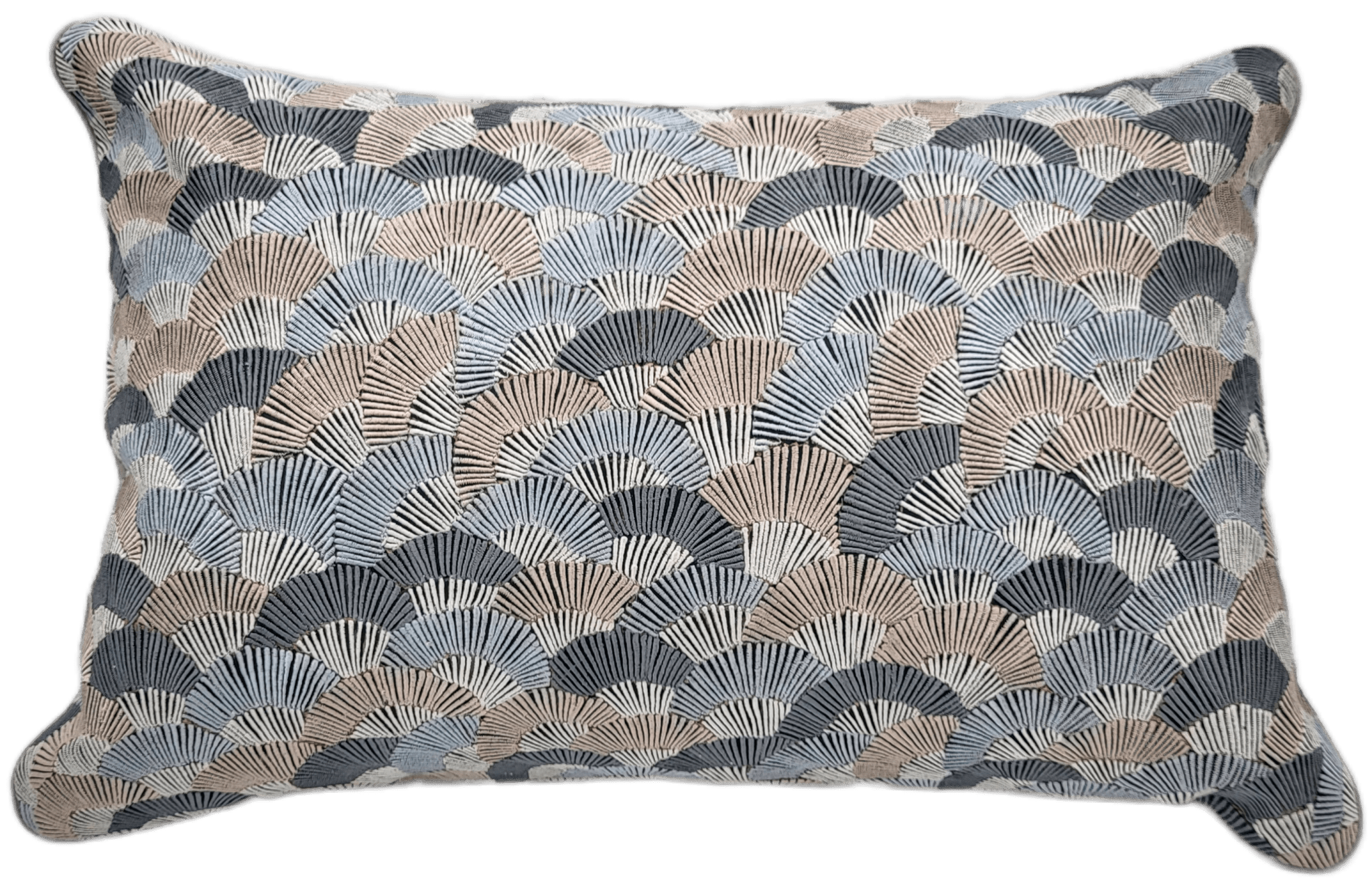Fans embroidered silk cushion in black with grey and taupe fan motifs, 30 x 46 cm, Rasa Jaipur