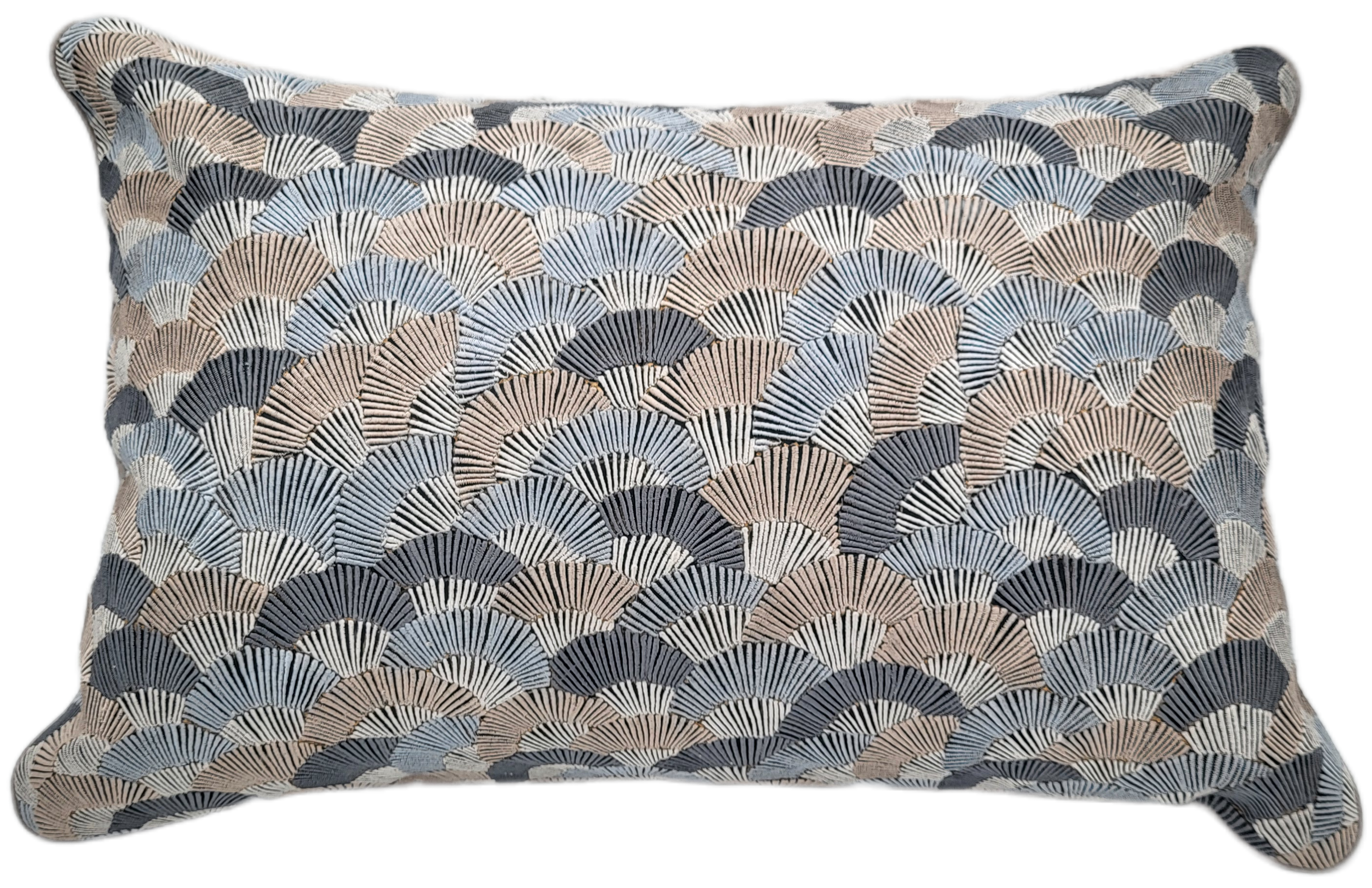 Fans embroidered silk cushion in black with grey and taupe fan motifs, 30 x 46 cm, Rasa Jaipur