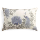 Samode Peacock block-print linen cushion in blue and white, 30 x 46 cm