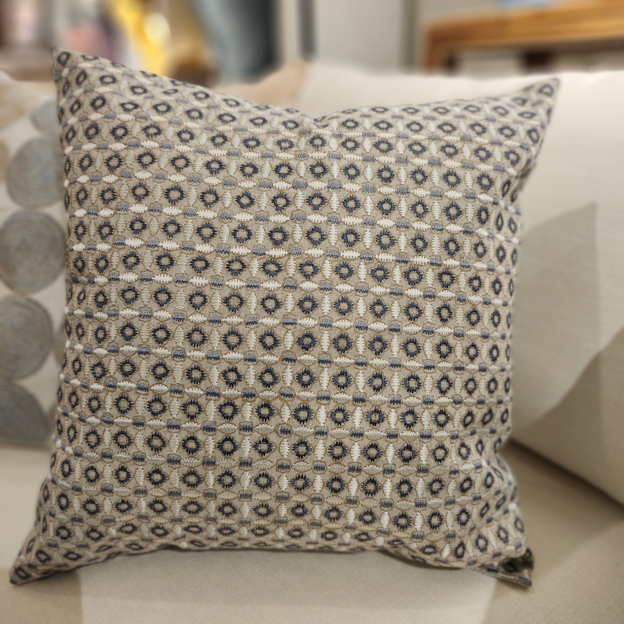 Crescent embroidered cushion by Rasa Jaipur, 45 x 45 cm, circular pattern in blue and grey
