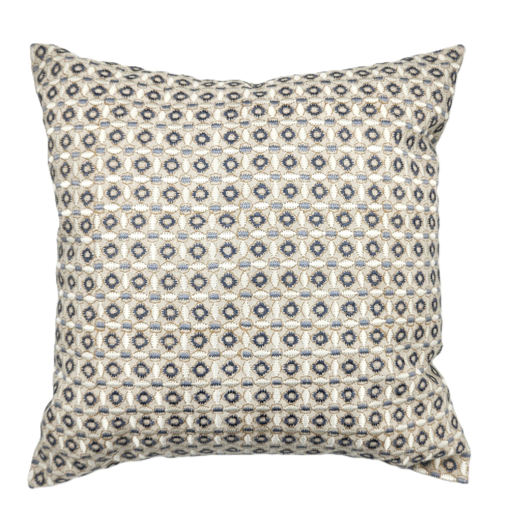 Crescent embroidered cushion in blue, grey, gold and cream, 45 x 45 cm, cotton linen, Rasa Jaipur