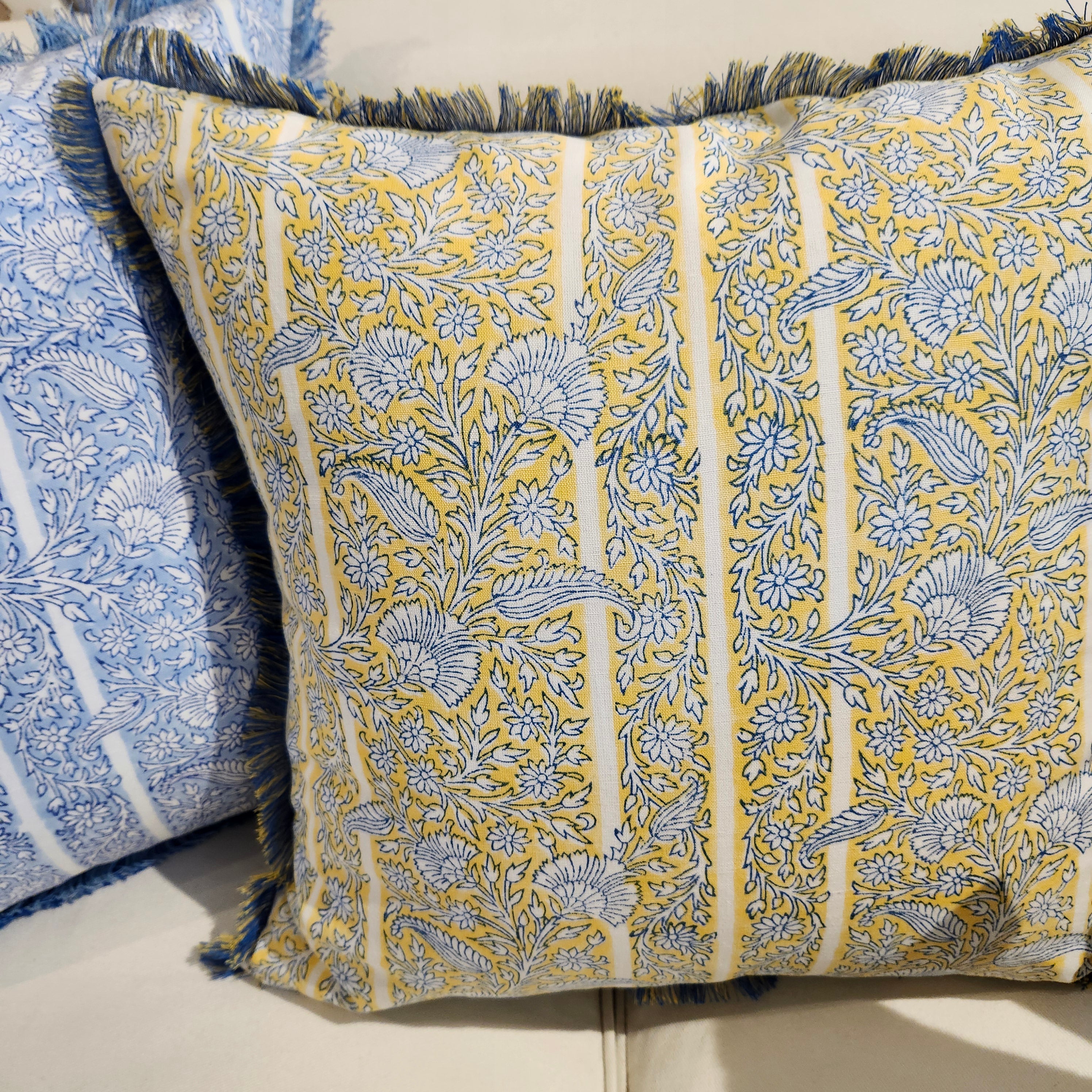 Gazal block-print linen cushion cover with a fringe