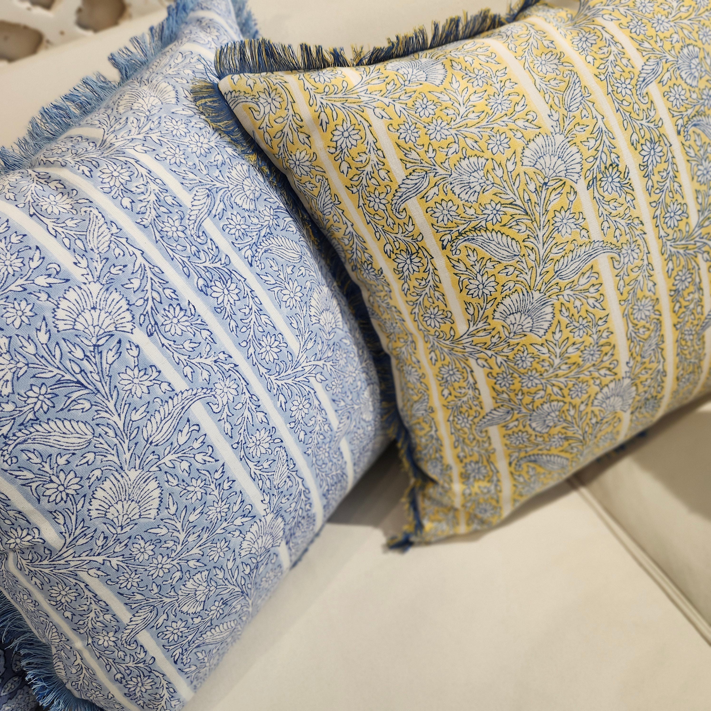 Gazal floral and stripe block-print linen cushion, 45 cm