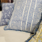 Blue Gazal floral block-print linen cushion with fringe