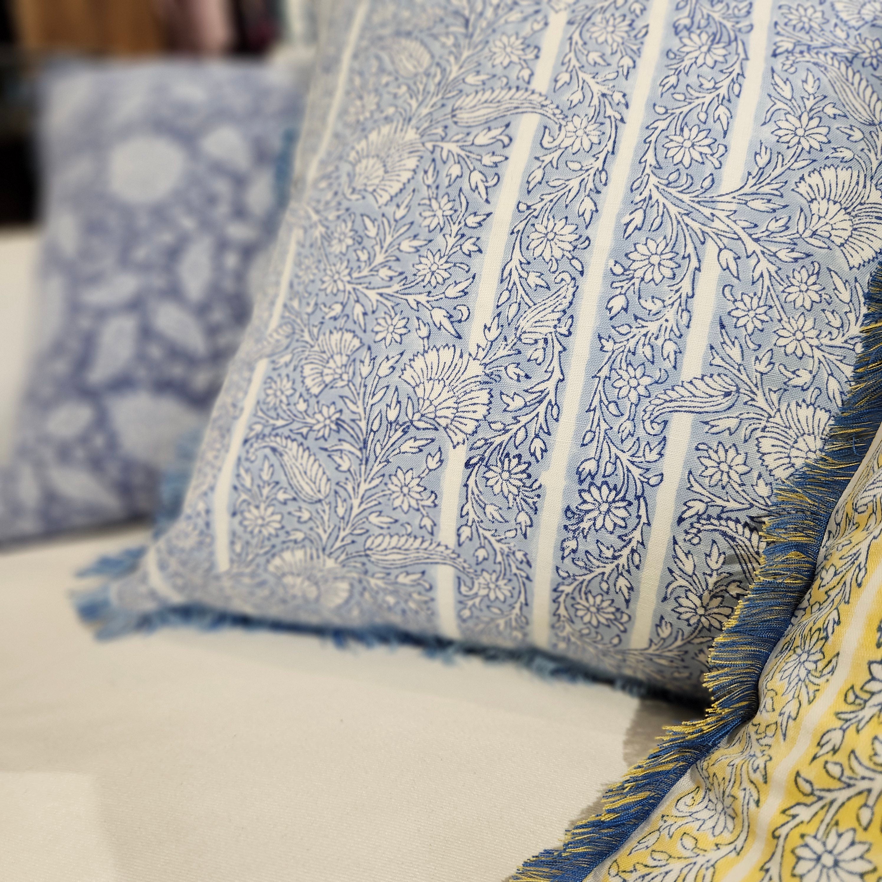 Blue Gazal floral block-print linen cushion with fringe