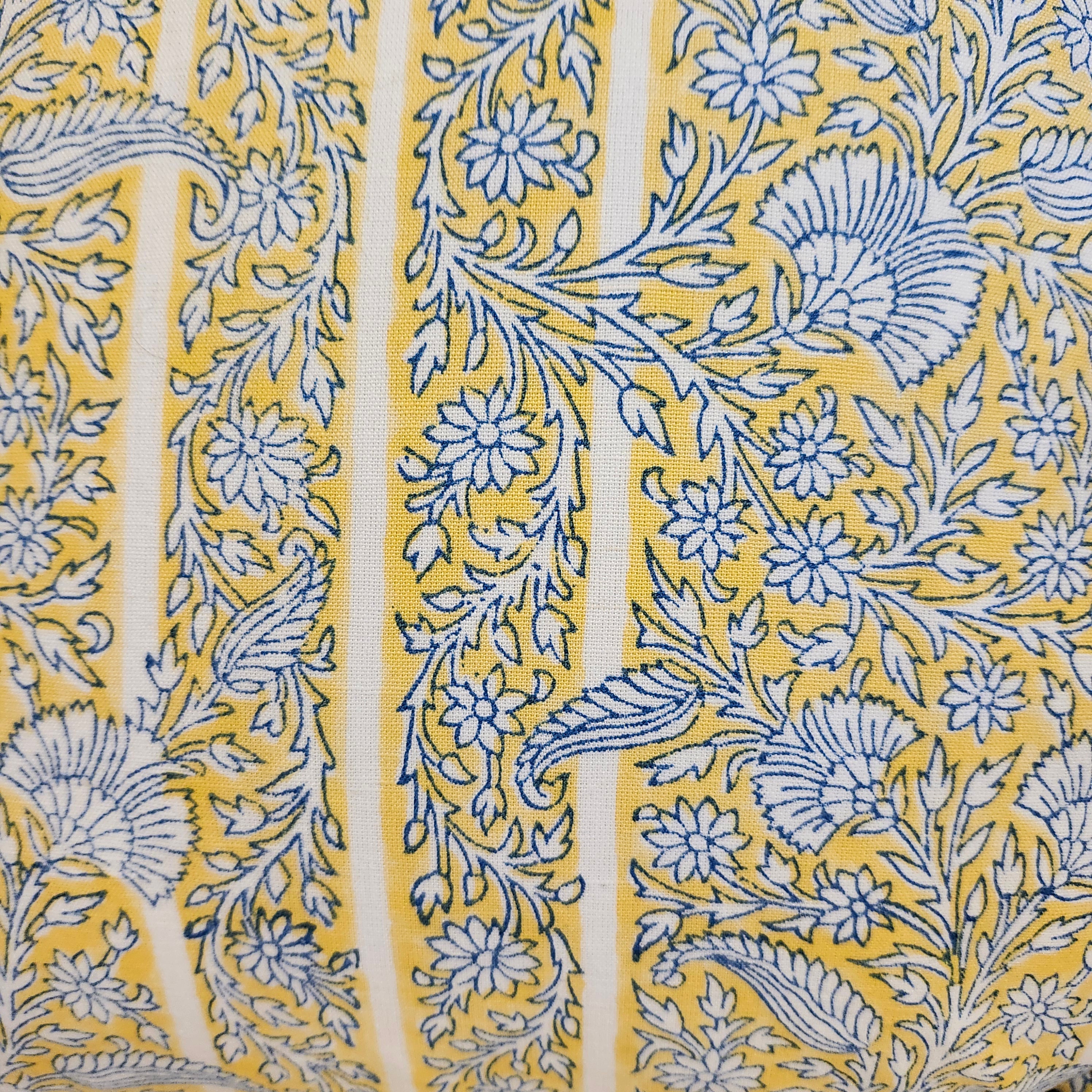Gazal block-print linen cushion in yellow, 45 cm
