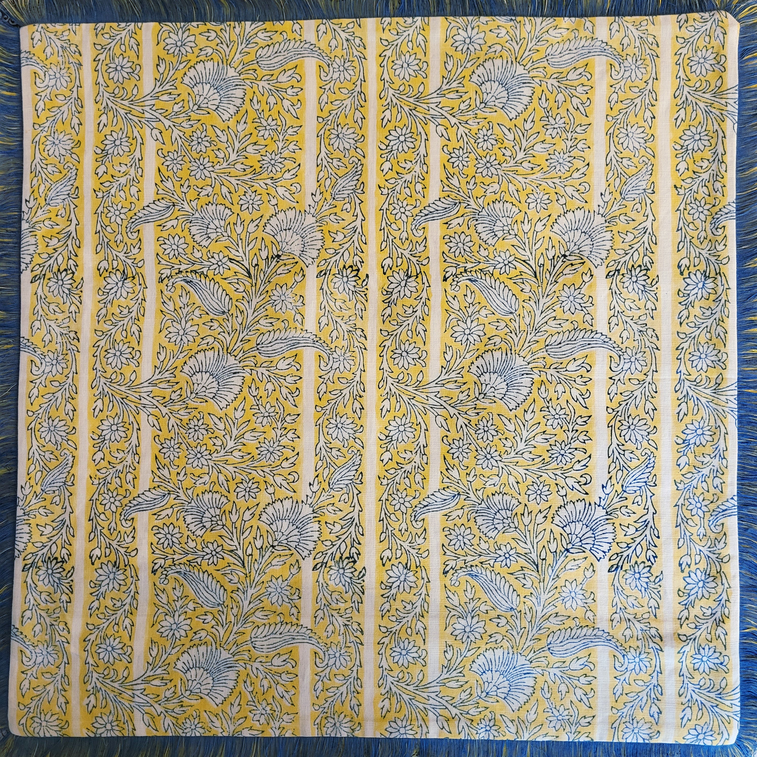 Yellow Gazal block-print linen cushion cover, flat view